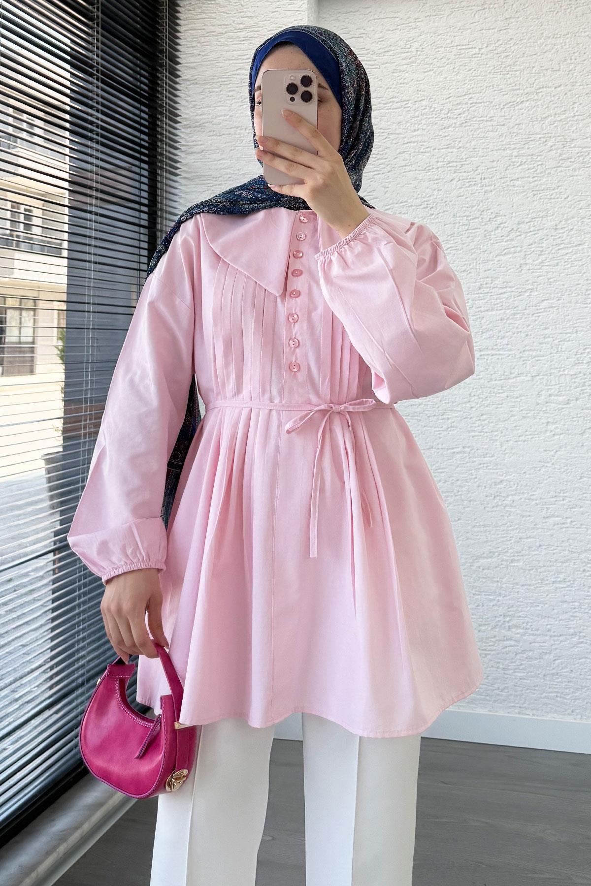 Bebe Yaka Nervür Detaylı Kemerli Poplin Tunik - Pembe
