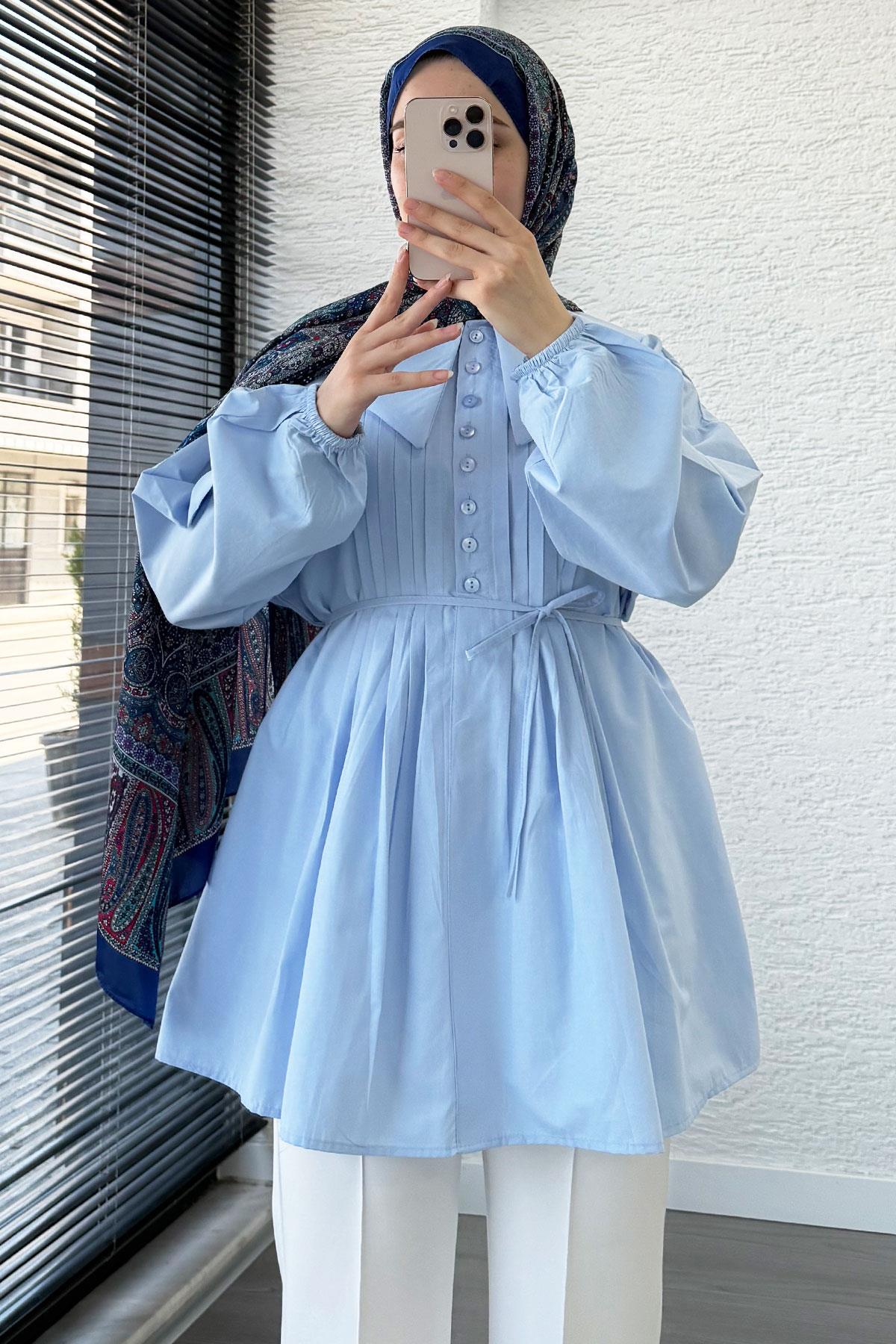 Bebe Yaka Nervür Detaylı Kemerli Poplin Tunik - Mavi