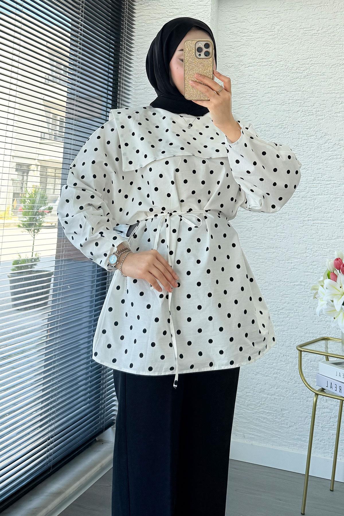 Bebe Yaka Puantiyeli Poplin Tunik – Beyaz