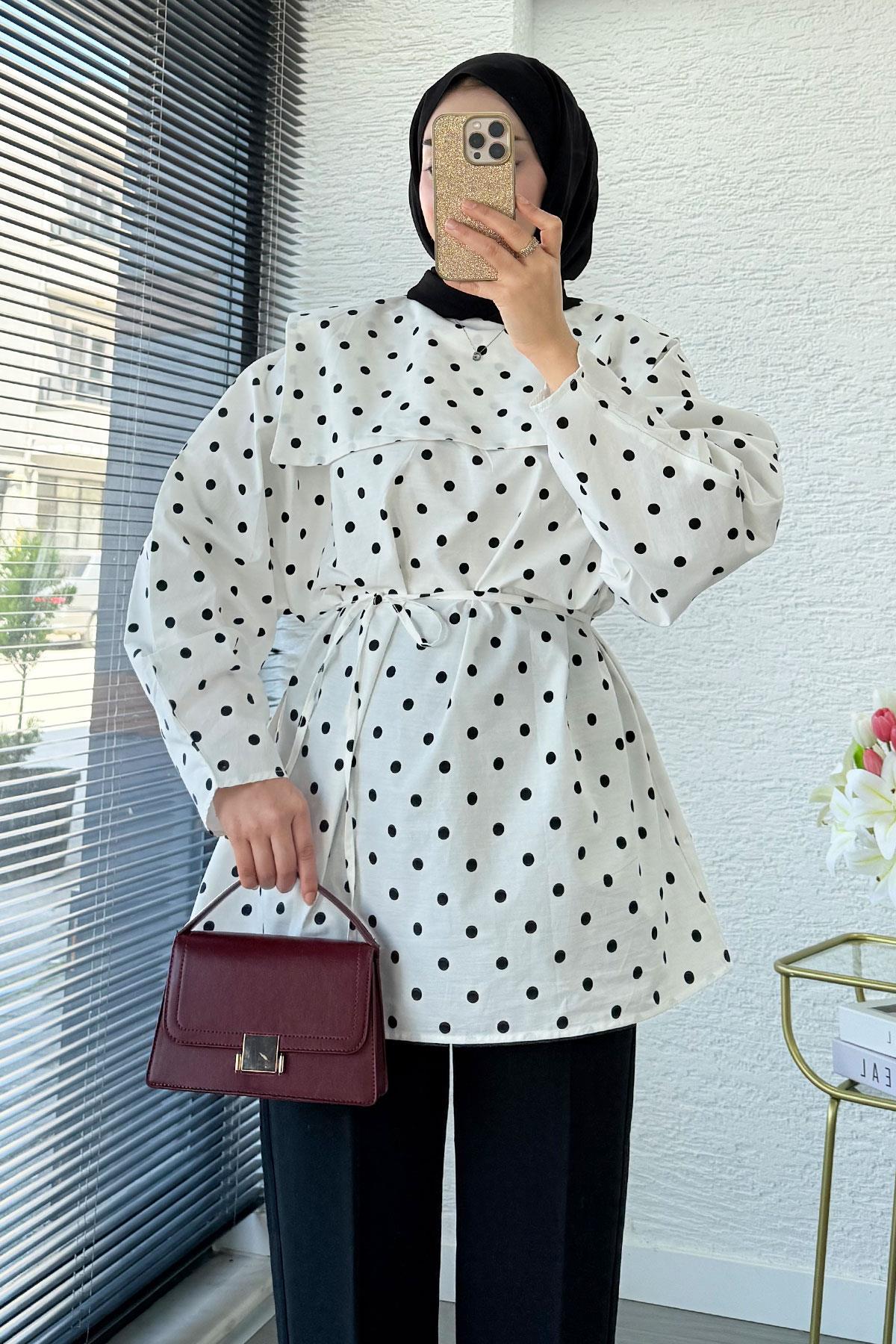 Bebe Yaka Puantiyeli Poplin Tunik – Beyaz