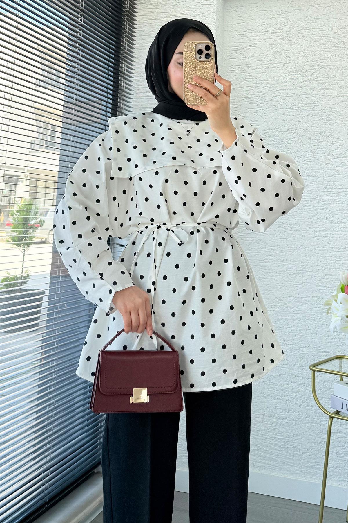Bebe Yaka Puantiyeli Poplin Tunik – Beyaz