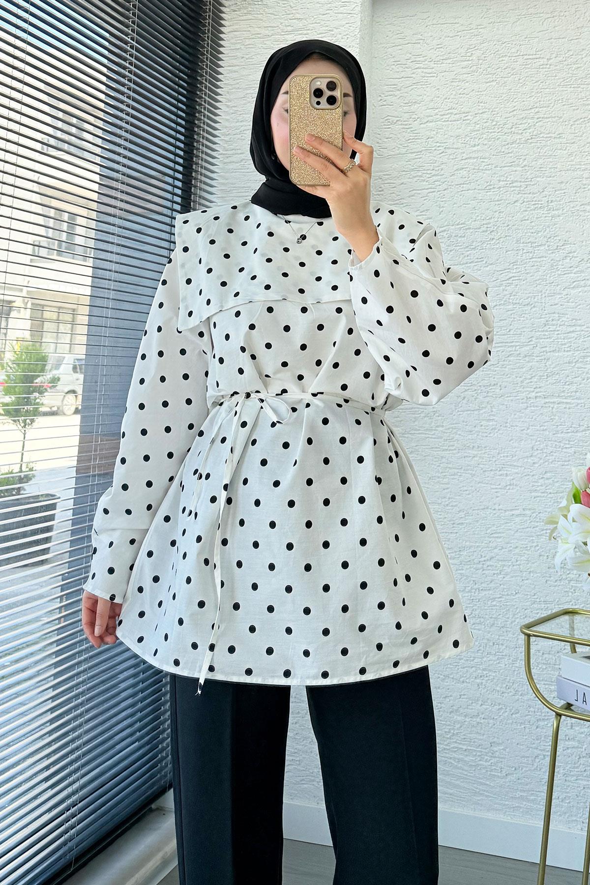 Bebe Yaka Puantiyeli Poplin Tunik – Beyaz