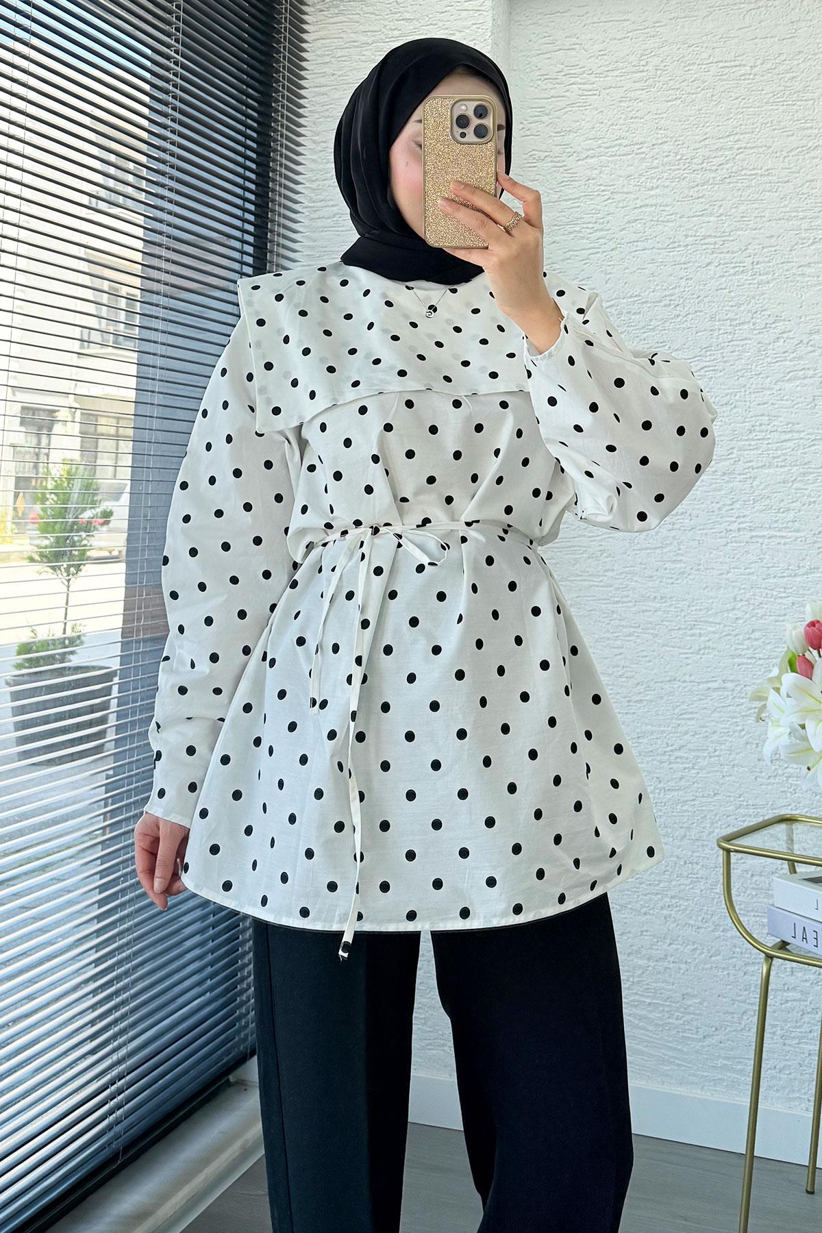 Bebe Yaka Puantiyeli Poplin Tunik – Beyaz