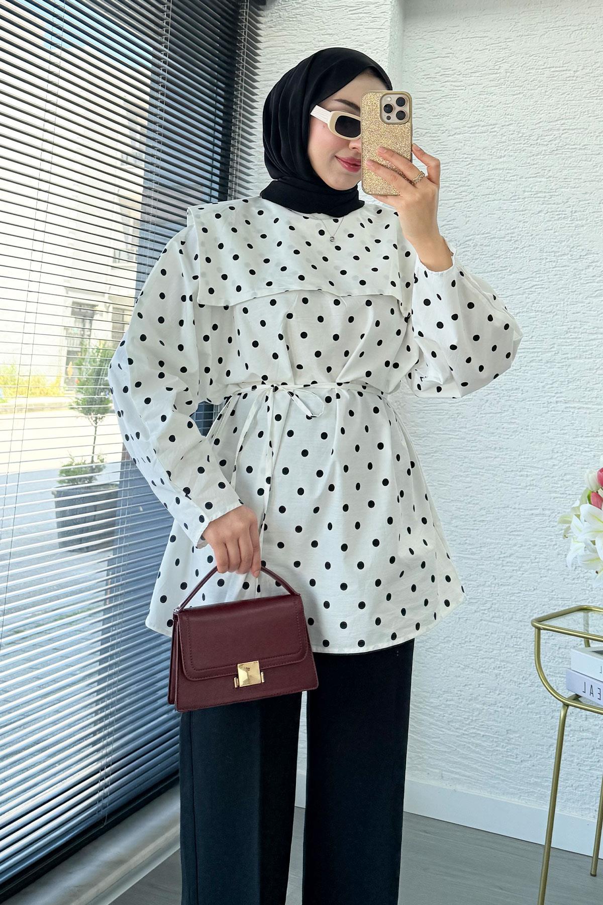 Bebe Yaka Puantiyeli Poplin Tunik – Beyaz