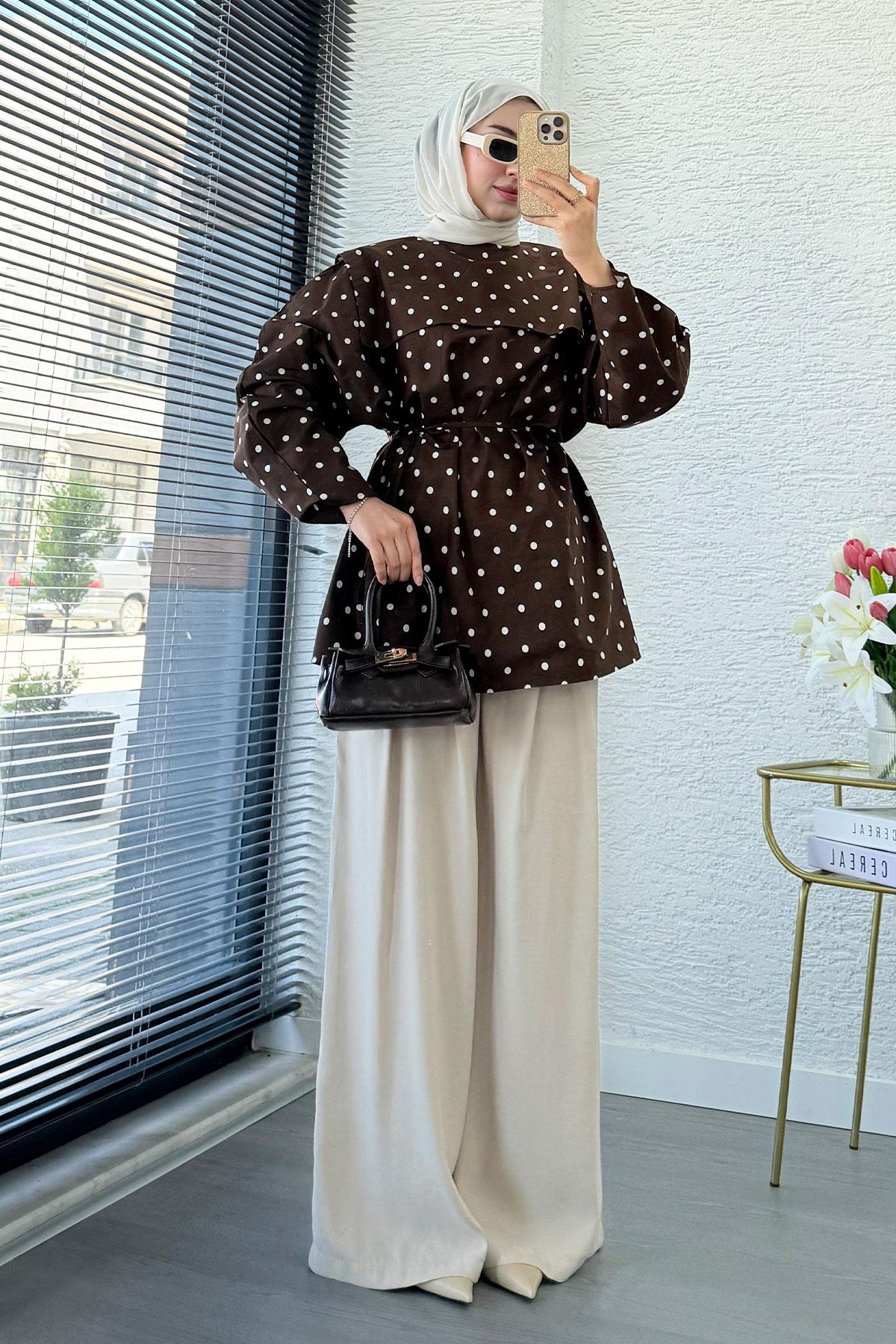 Bebe Yaka Puantiyeli Poplin Tunik – Kahverengi
