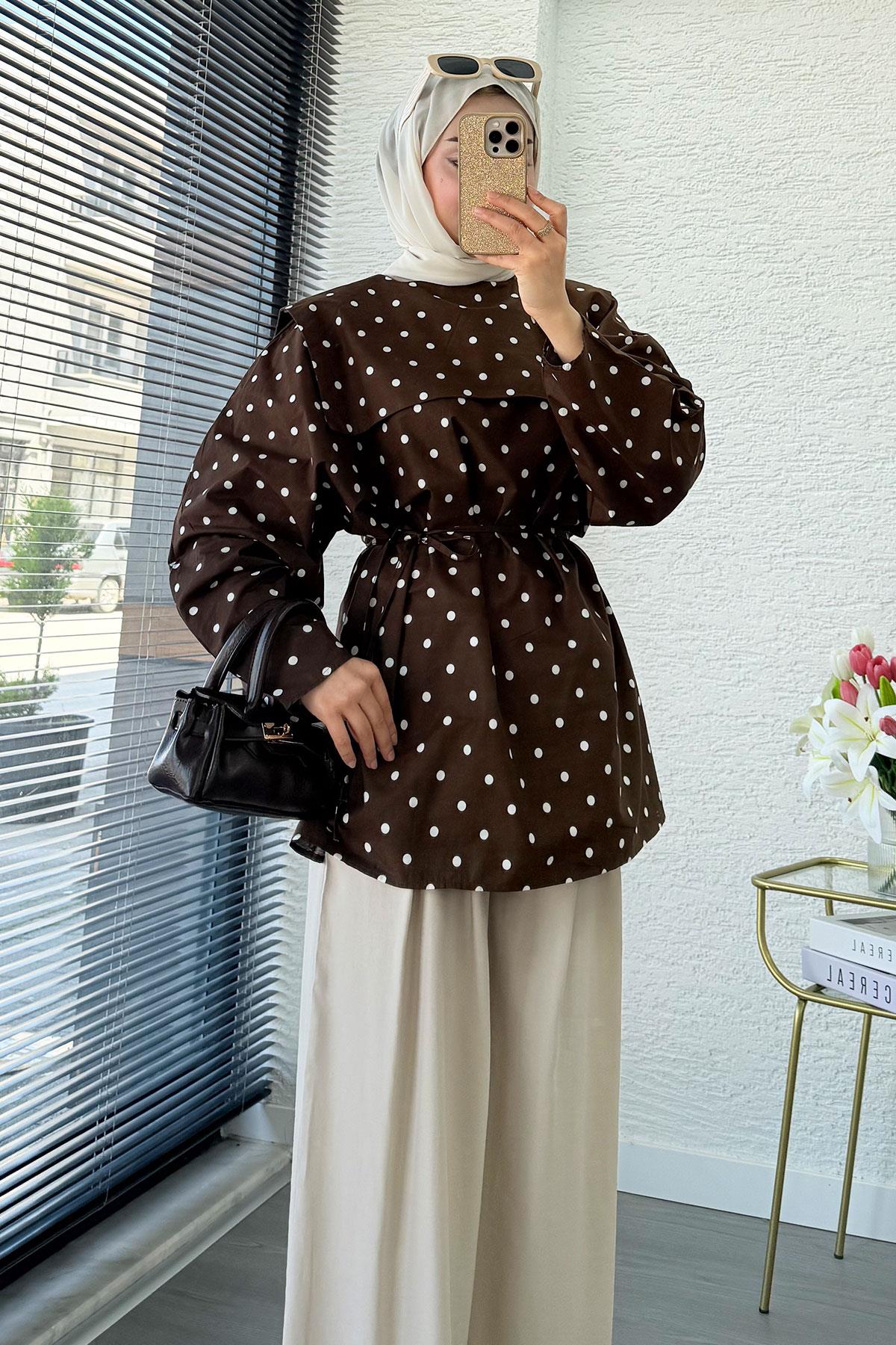 Bebe Yaka Puantiyeli Poplin Tunik – Kahverengi