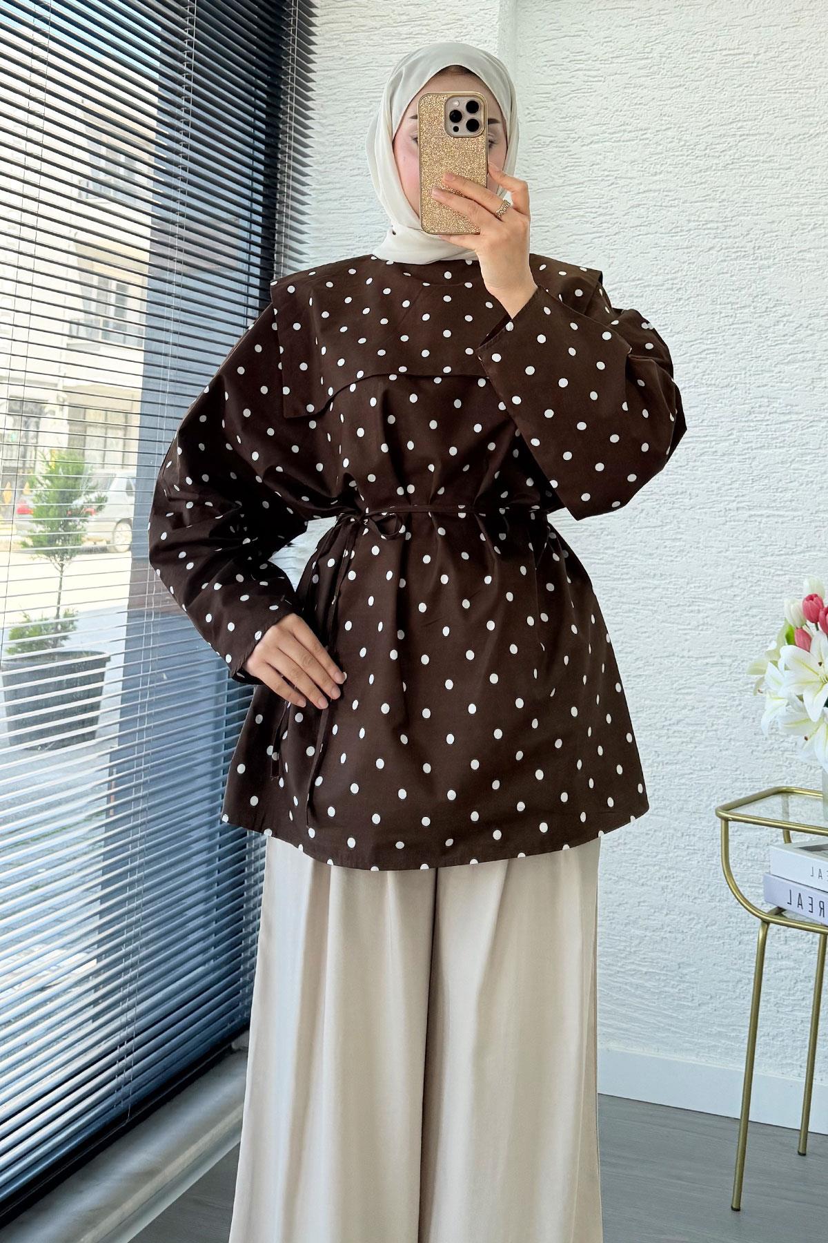Bebe Yaka Puantiyeli Poplin Tunik – Kahverengi