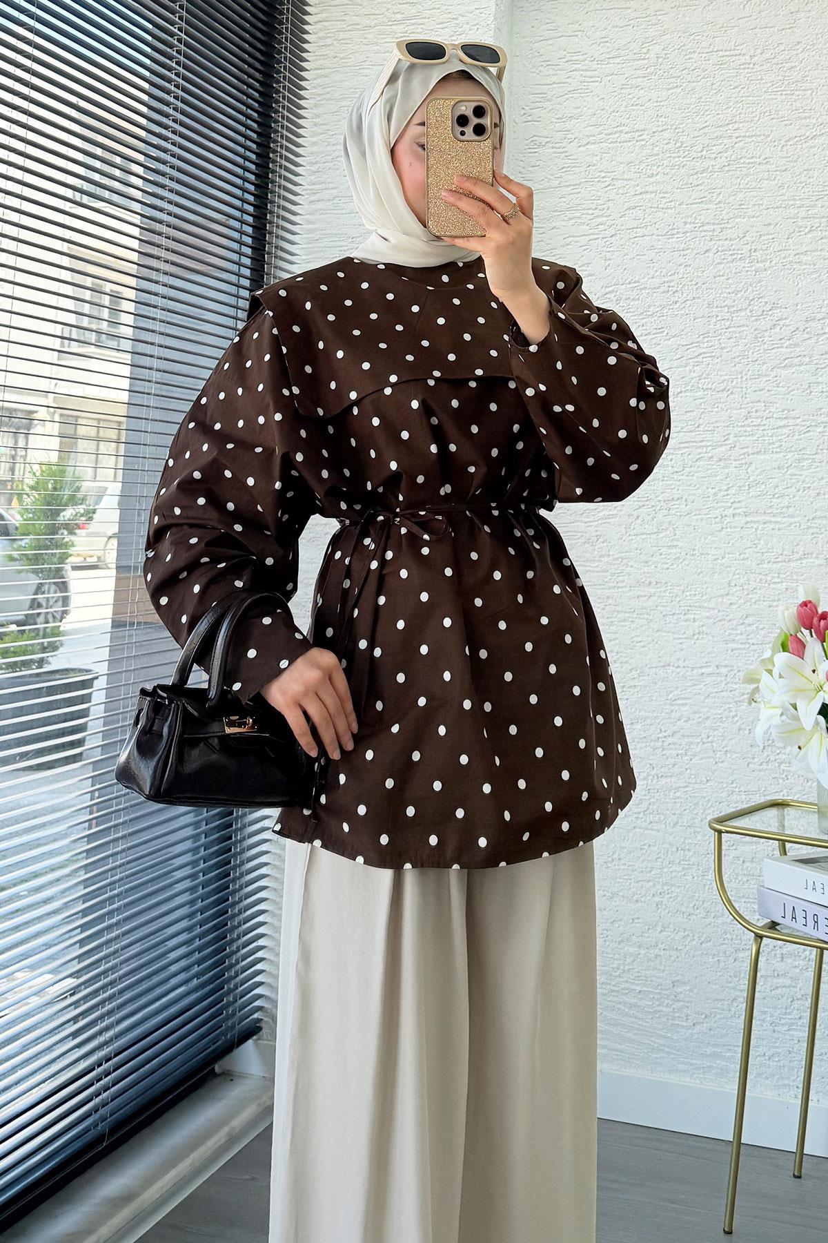 Bebe Yaka Puantiyeli Poplin Tunik – Kahverengi