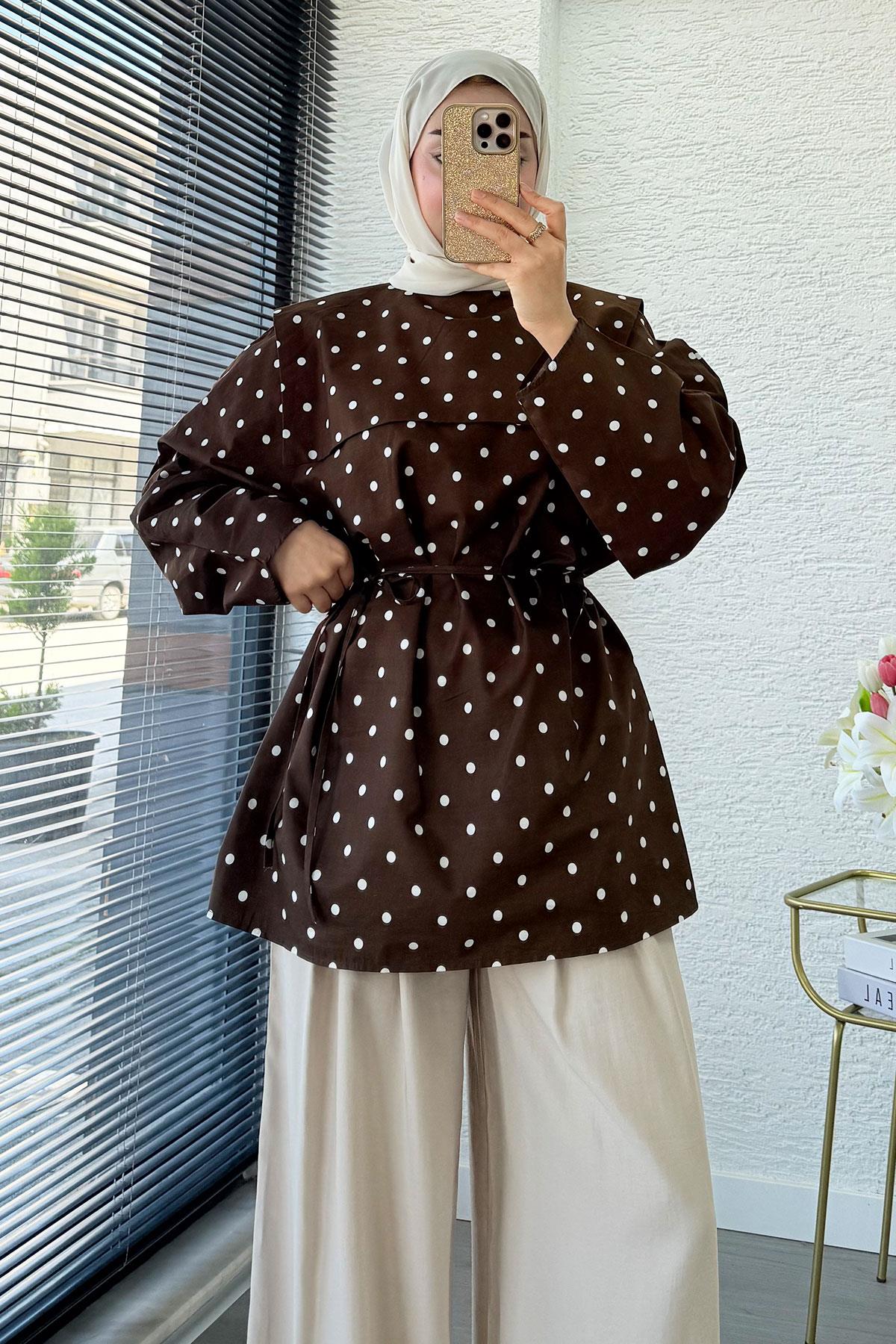 Bebe Yaka Puantiyeli Poplin Tunik – Kahverengi