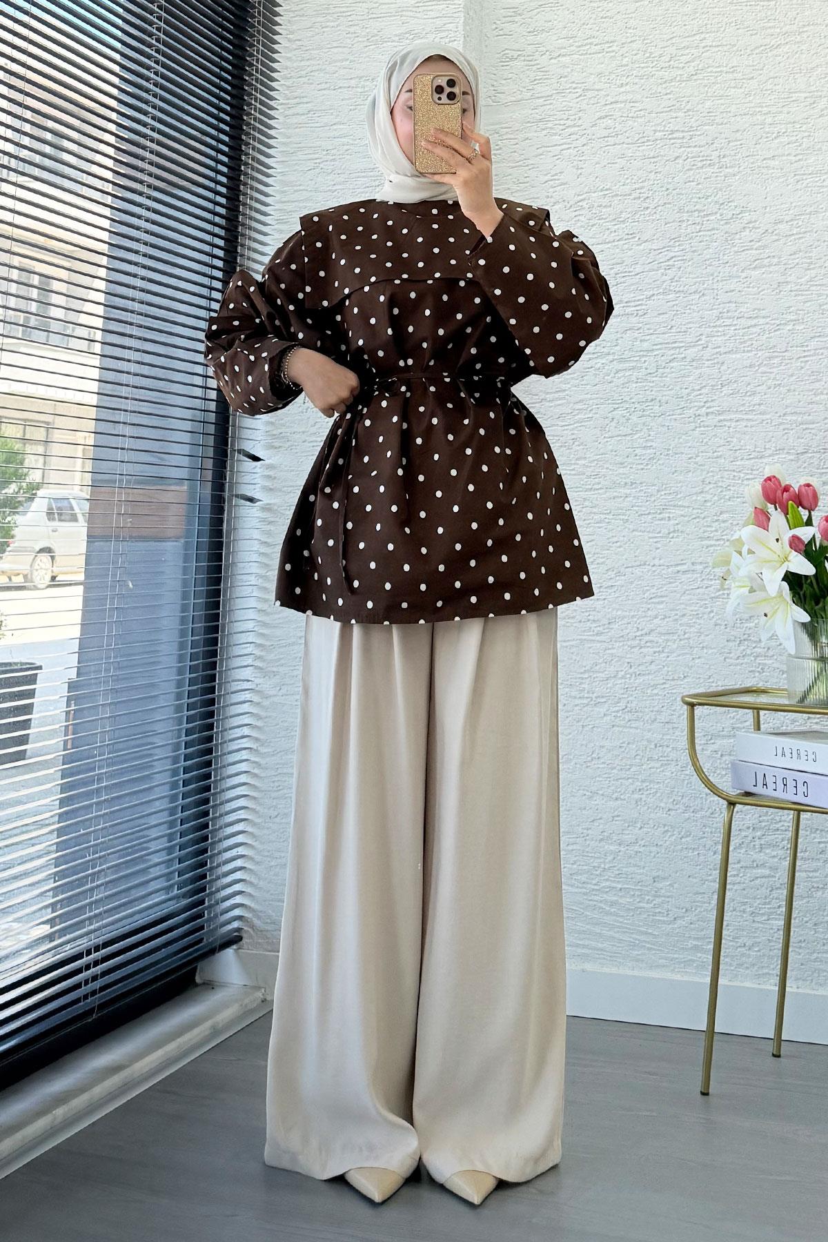 Bebe Yaka Puantiyeli Poplin Tunik – Kahverengi