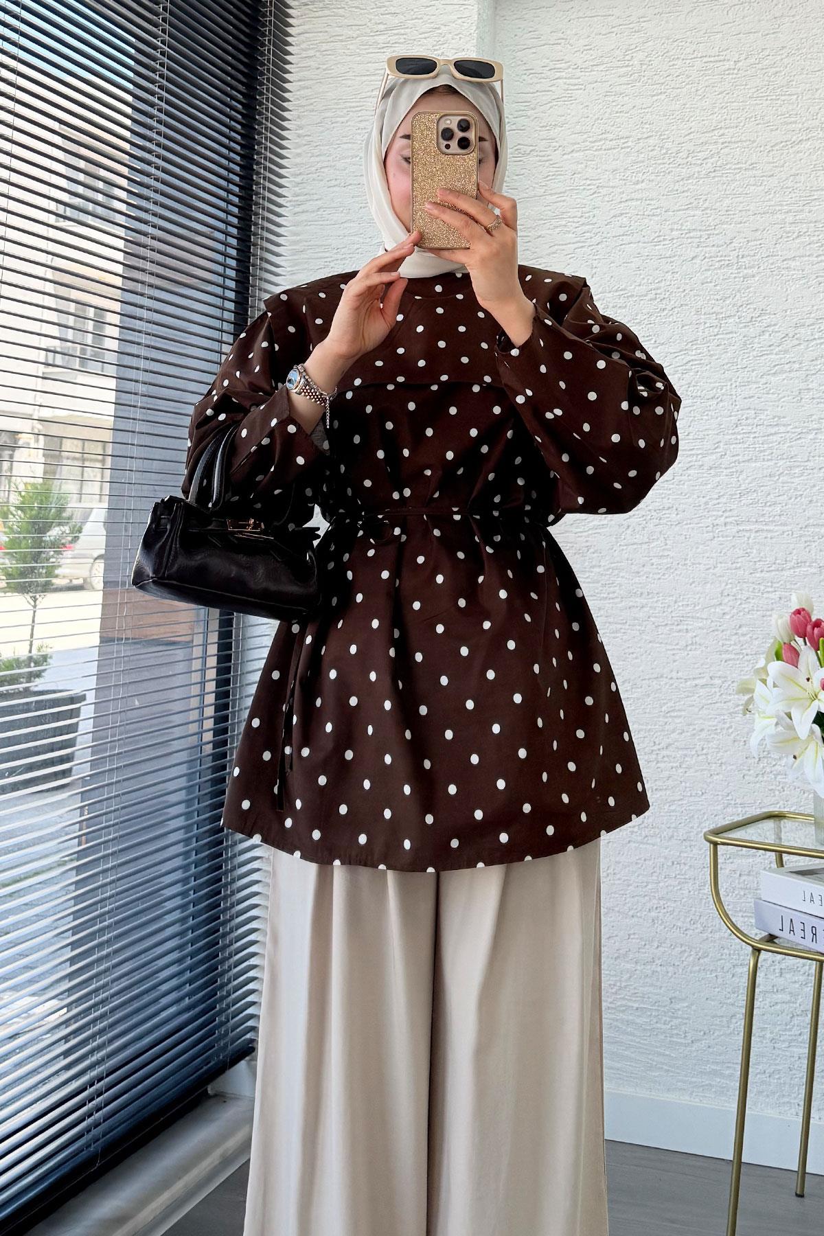 Bebe Yaka Puantiyeli Poplin Tunik – Kahverengi