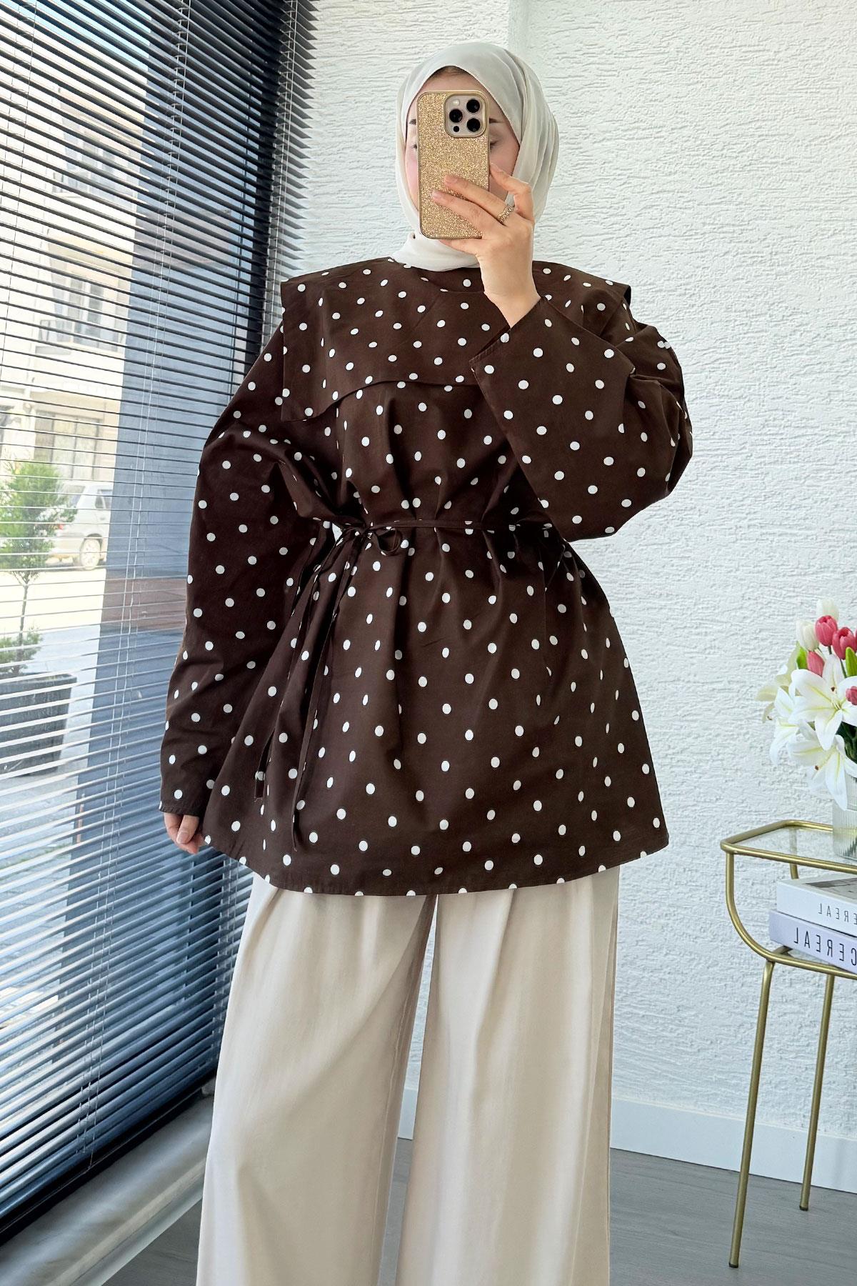 Bebe Yaka Puantiyeli Poplin Tunik – Kahverengi