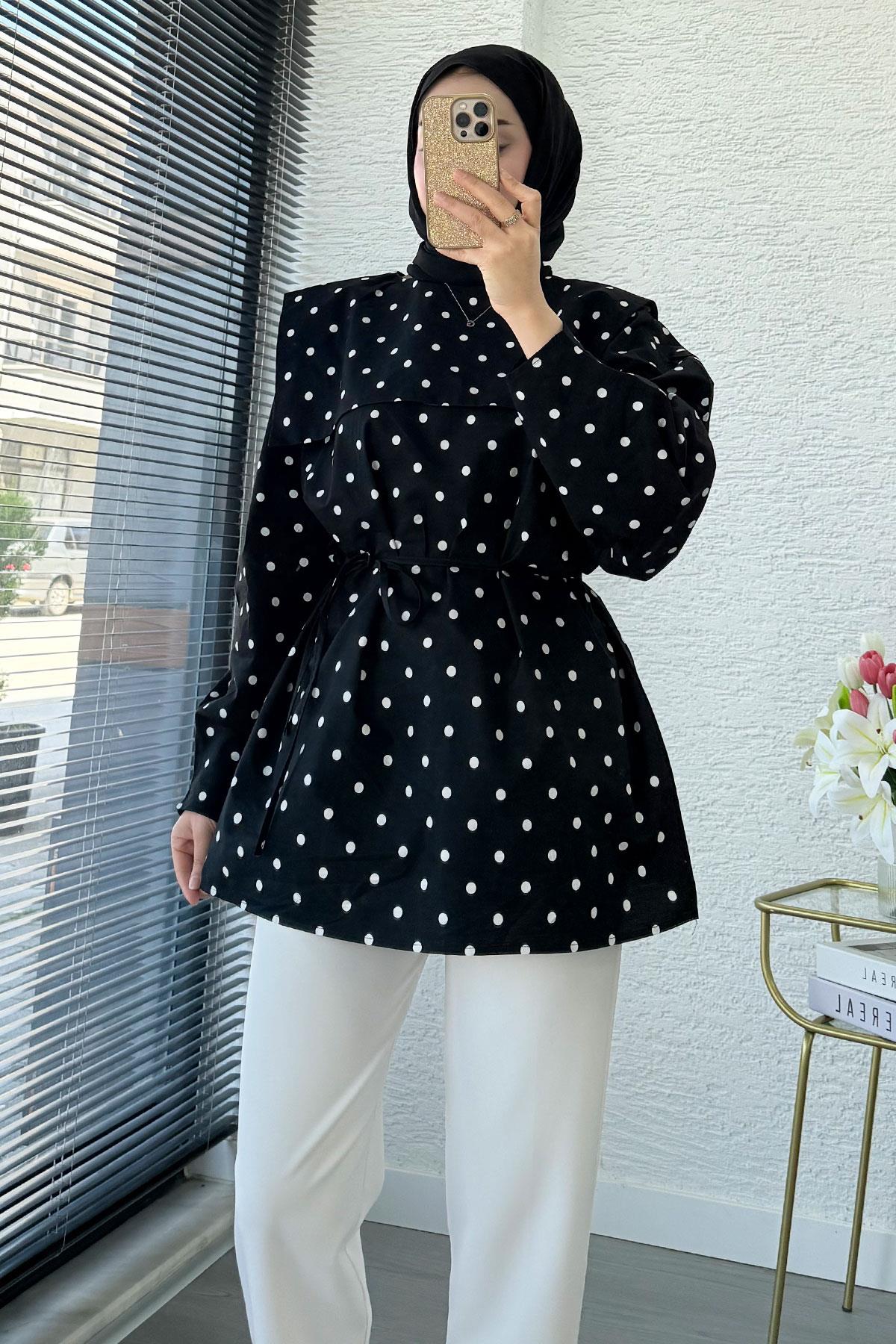 Bebe Yaka Puantiyeli Poplin Tunik – Siyah