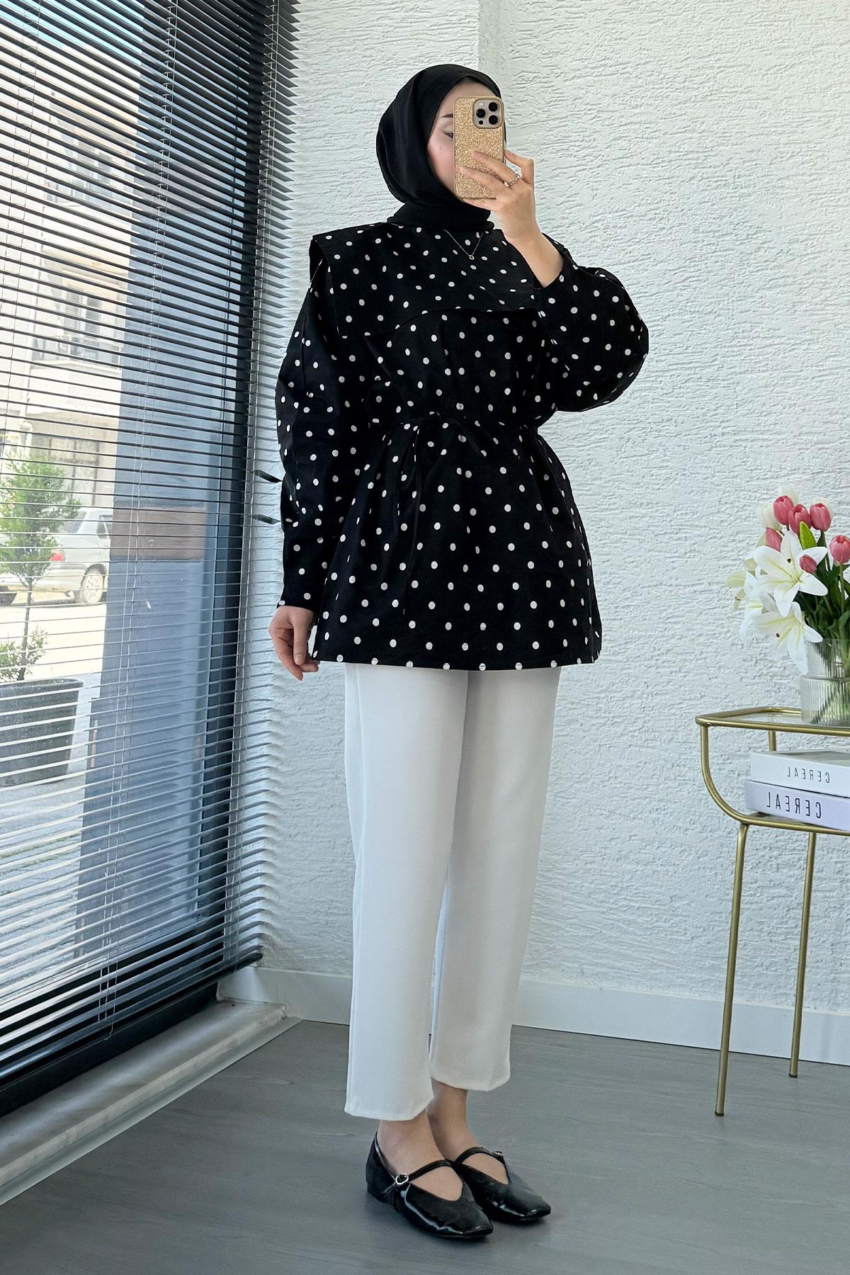 Bebe Yaka Puantiyeli Poplin Tunik – Siyah