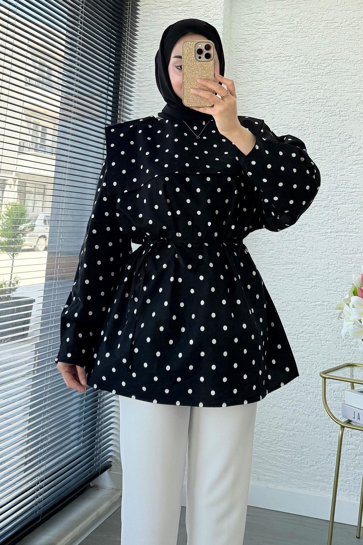 Bebe Yaka Puantiyeli Poplin Tunik – Siyah