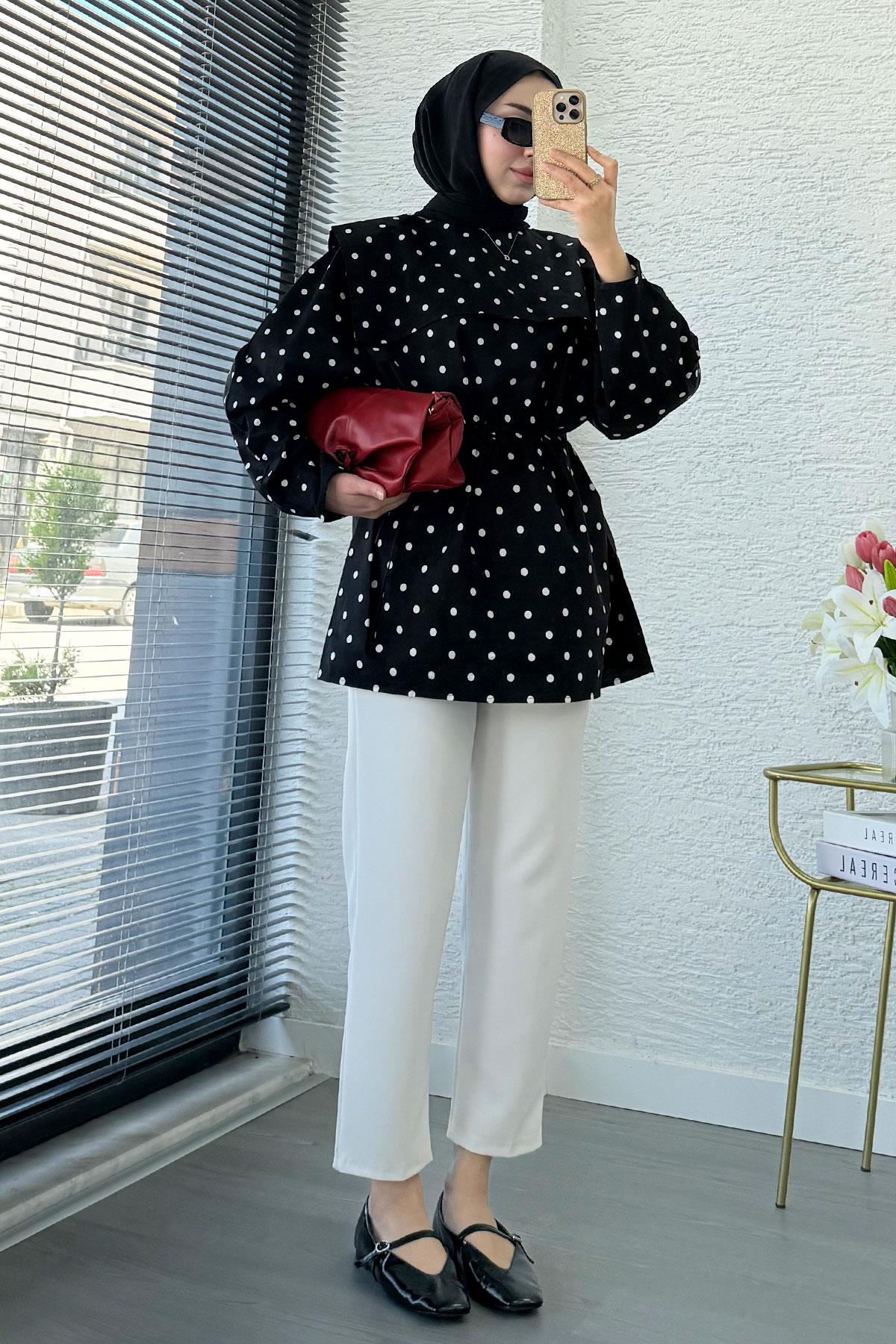 Bebe Yaka Puantiyeli Poplin Tunik – Siyah