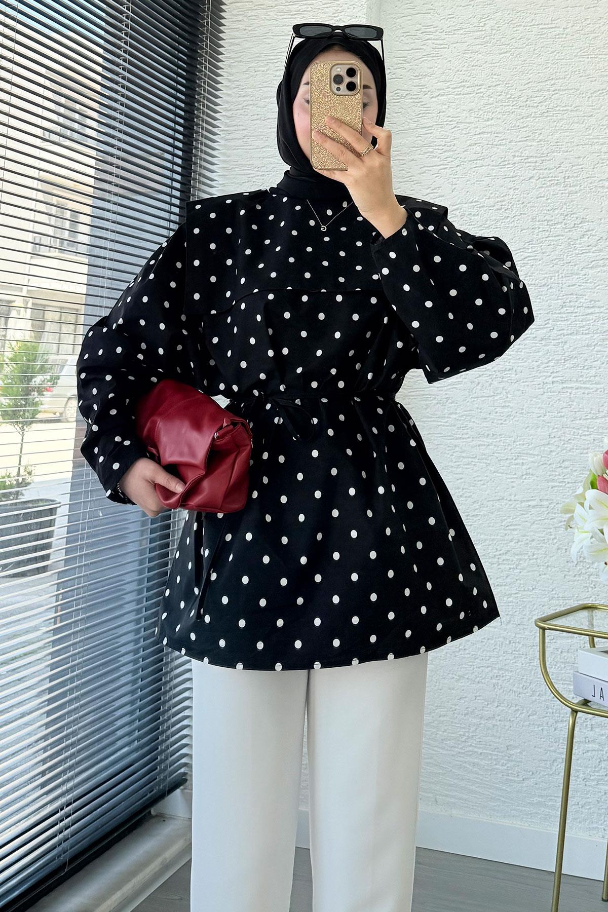 Bebe Yaka Puantiyeli Poplin Tunik – Siyah