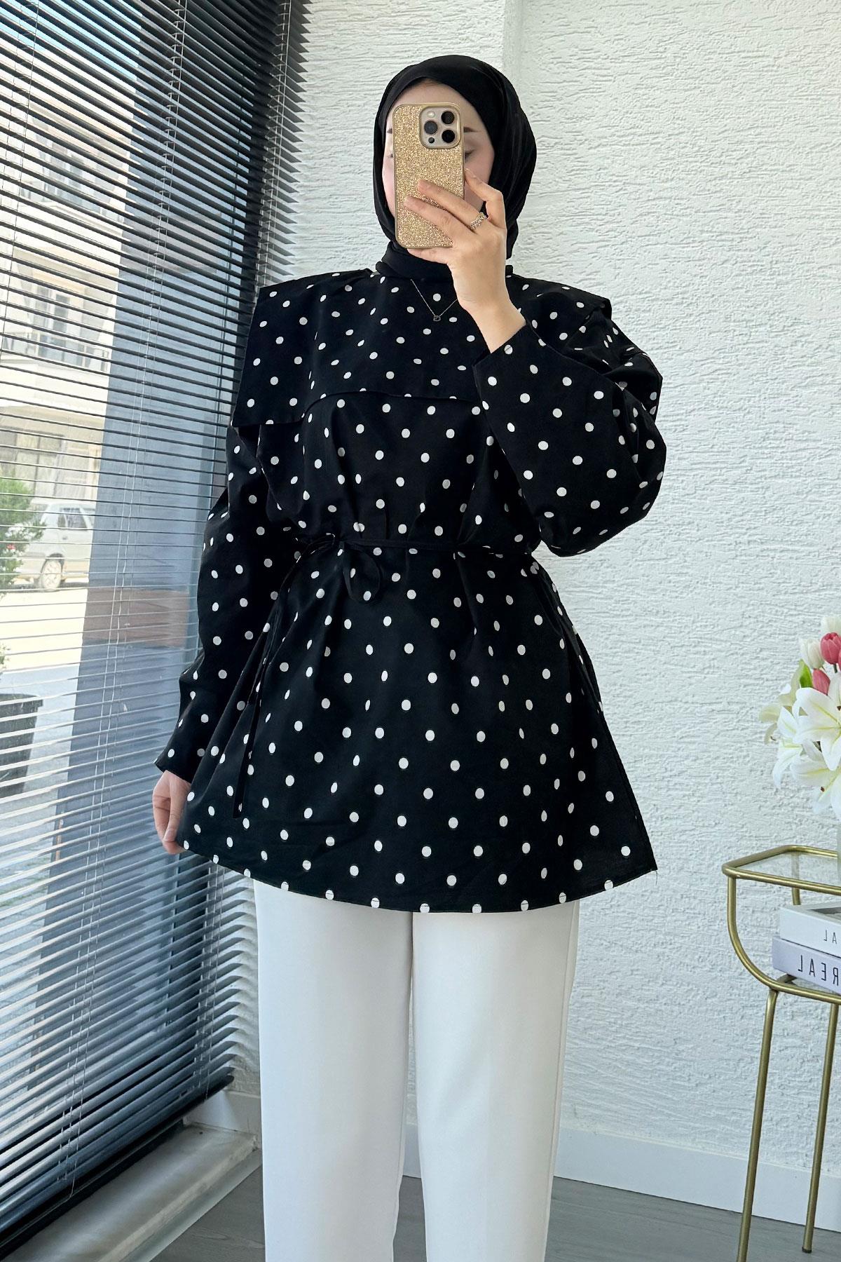 Bebe Yaka Puantiyeli Poplin Tunik – Siyah