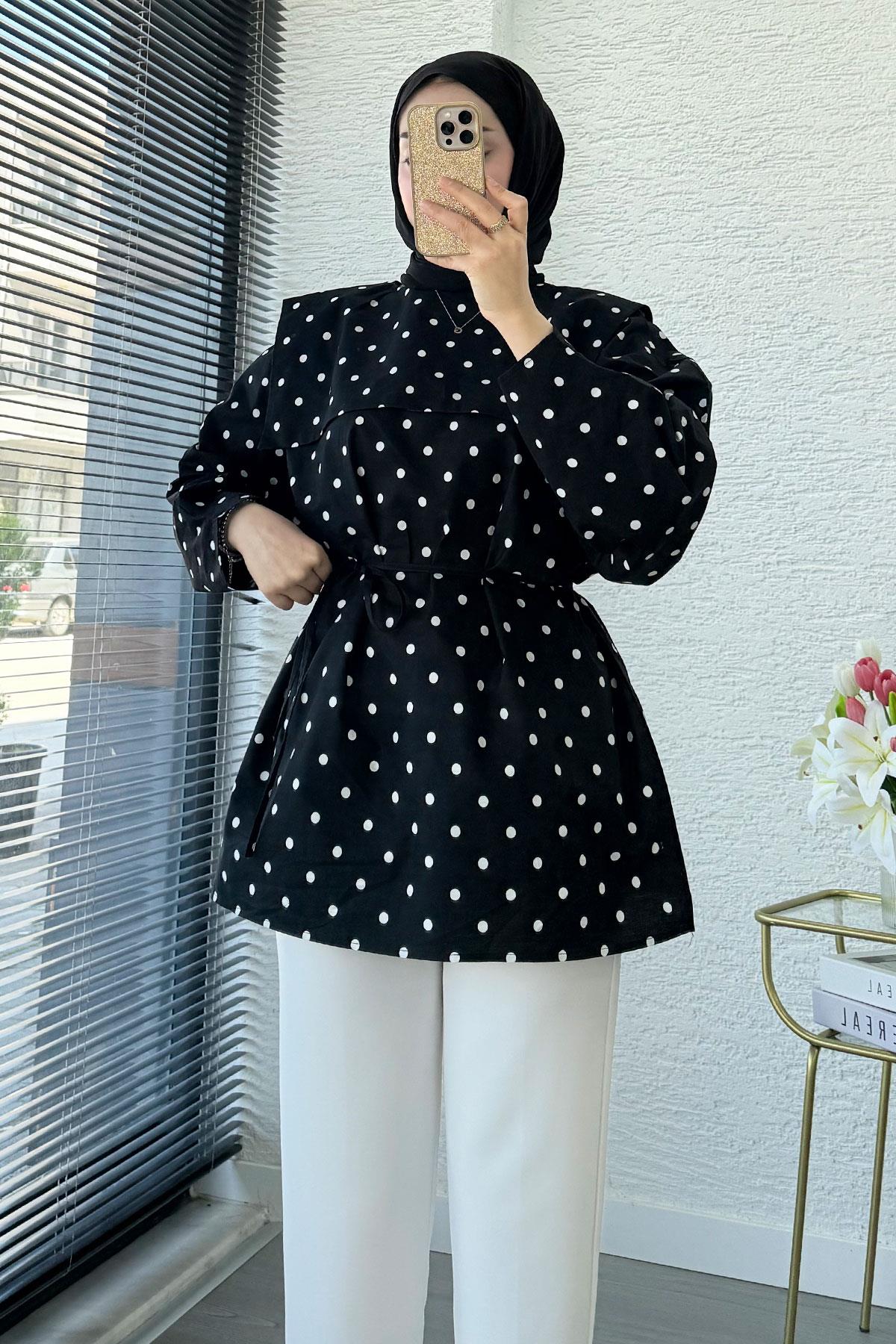 Bebe Yaka Puantiyeli Poplin Tunik – Siyah