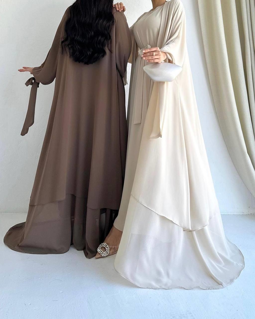 Bej Ella Şifon Abaya Takım