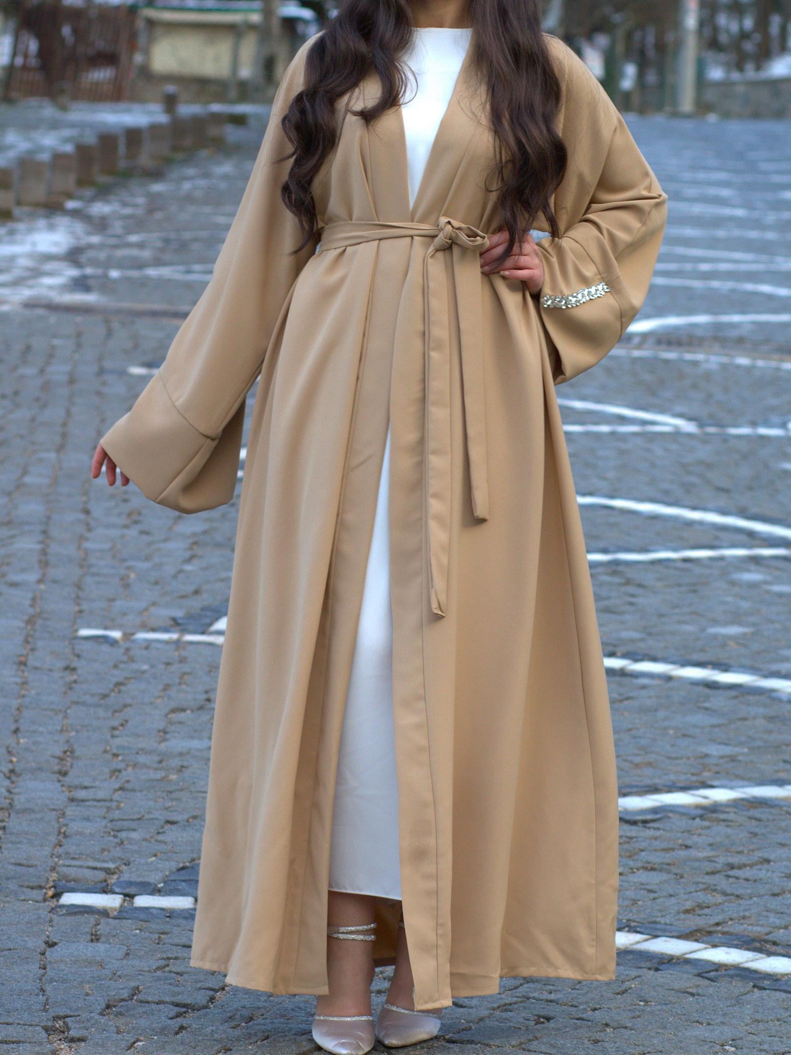 Bej Kolu Taşlı Ala Abaya