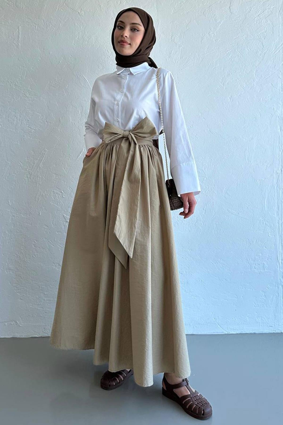 Bej Linda Kuşaklı Maxi Etek