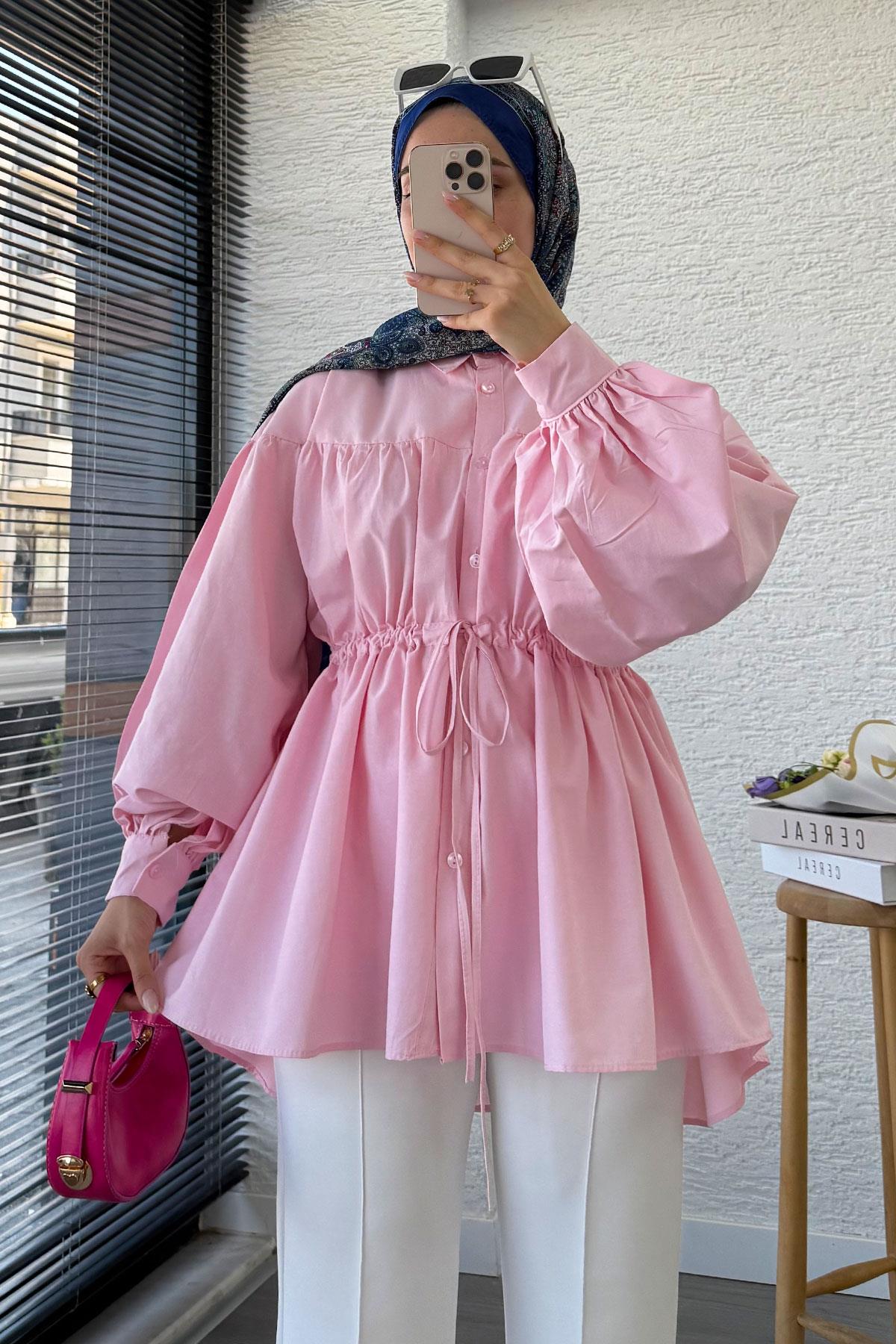 Bel Bağlamalı Oversize Poplin Tunik - Pembe