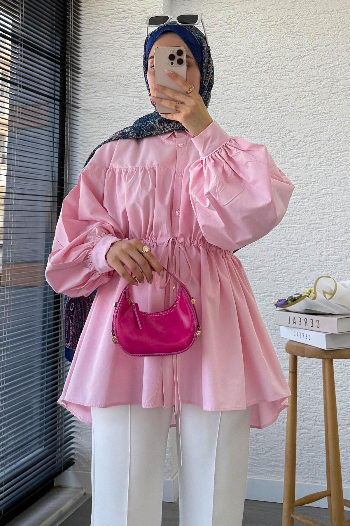 Bel Bağlamalı Oversize Poplin Tunik - Pembe
