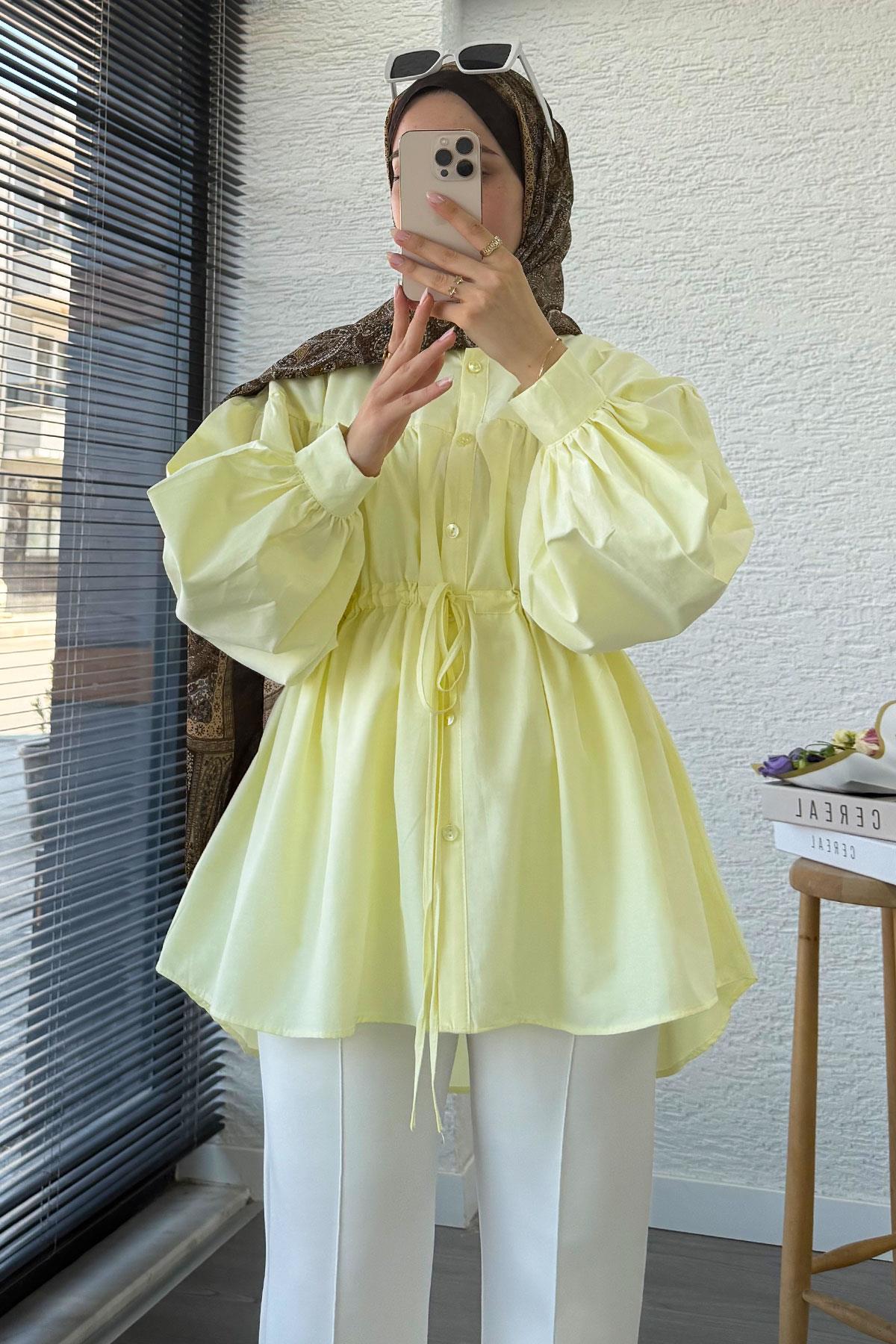 Bel Bağlamalı Oversize Poplin Tunik - Sarı