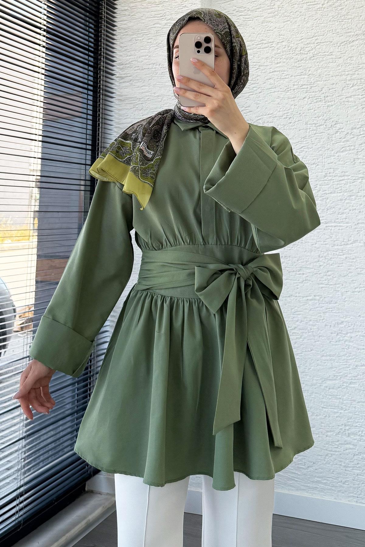 Bel Kuşaklı Poplin Tunik-Koyu Yeşil