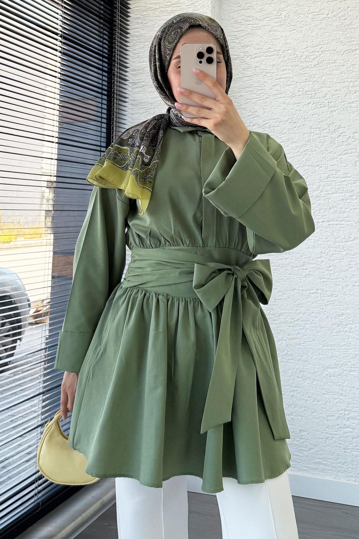 Bel Kuşaklı Poplin Tunik-Koyu Yeşil