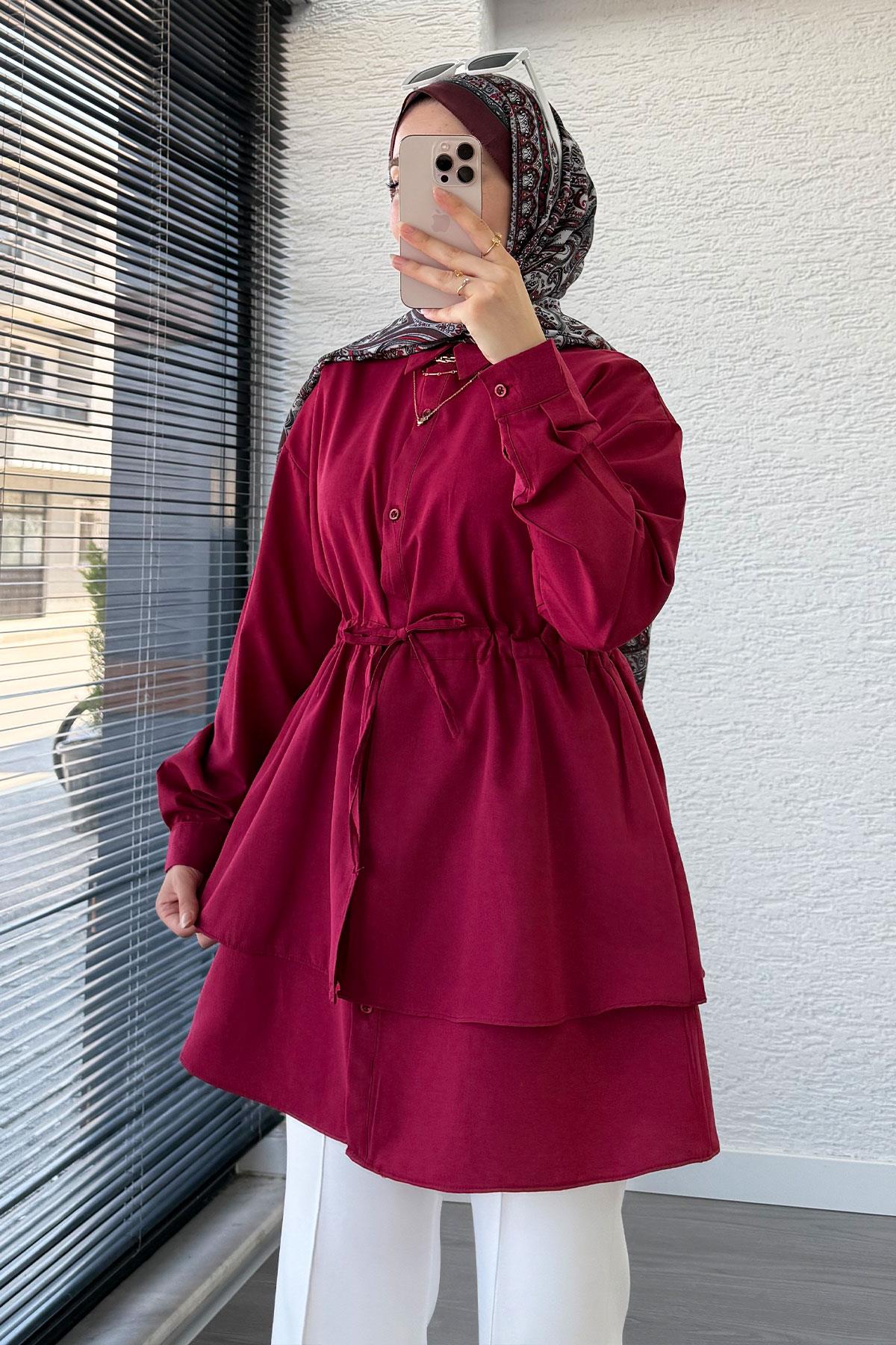 Belden Bağlamalı Çift Kat Volanlı Tunik - Bordo