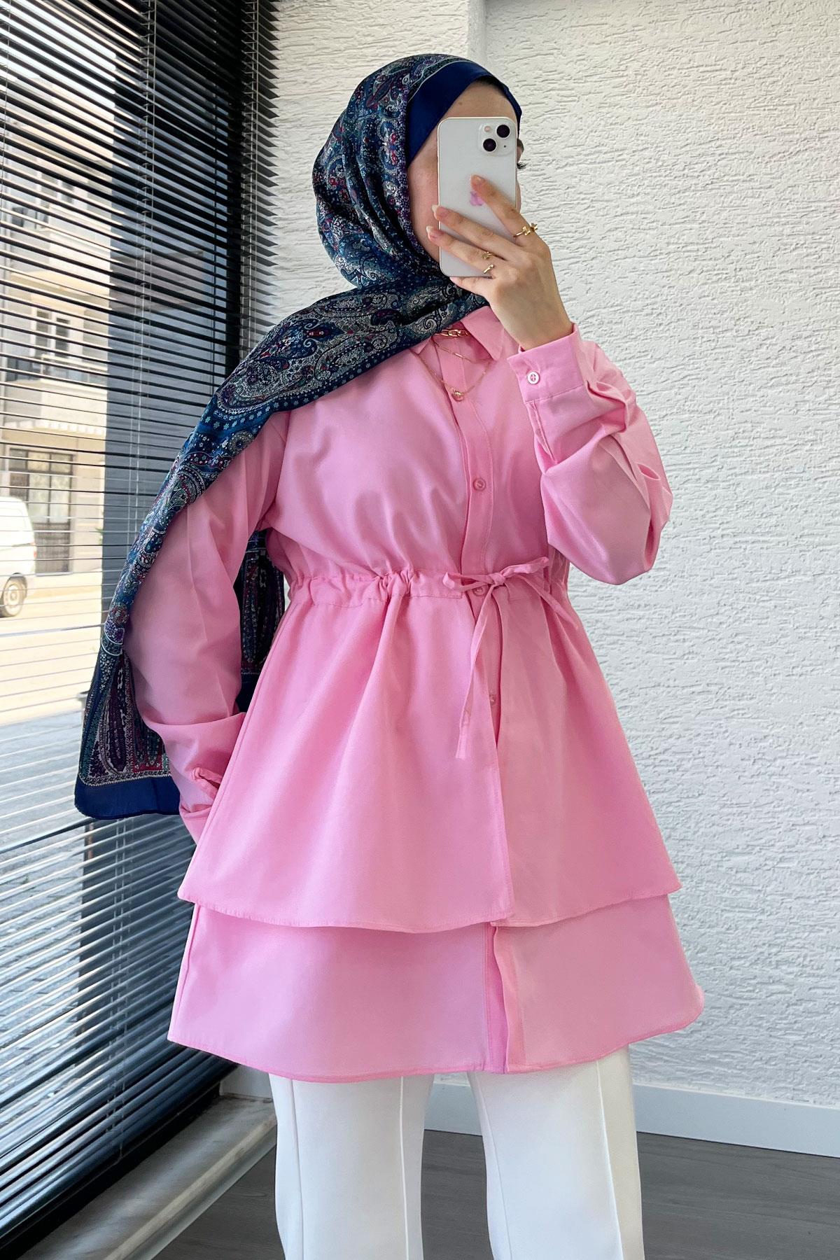 Belden Bağlamalı Çift Kat Volanlı Tunik - Pembe