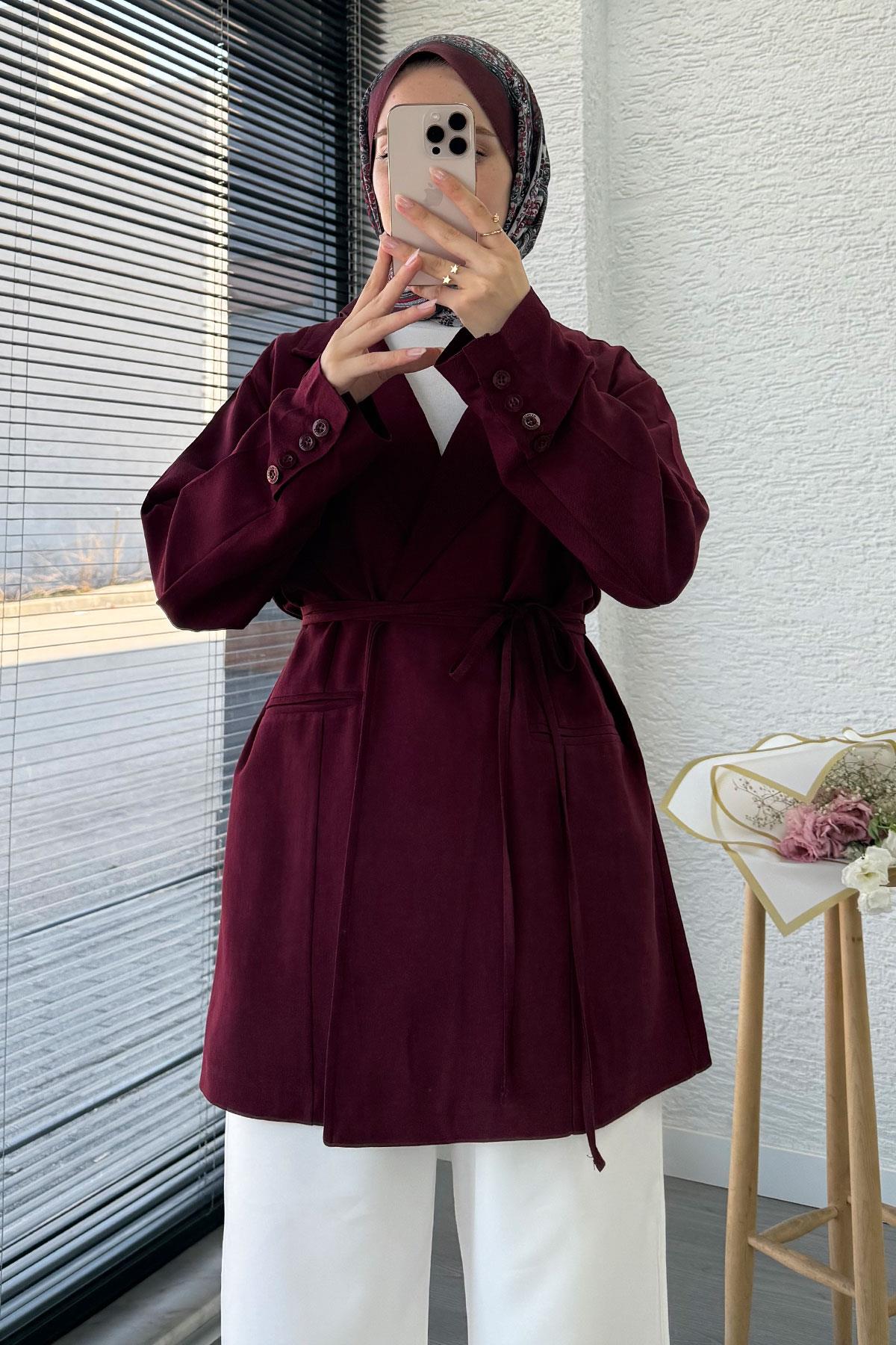 Belden Bağlamalı Keten Blazer Ceket –Bordo