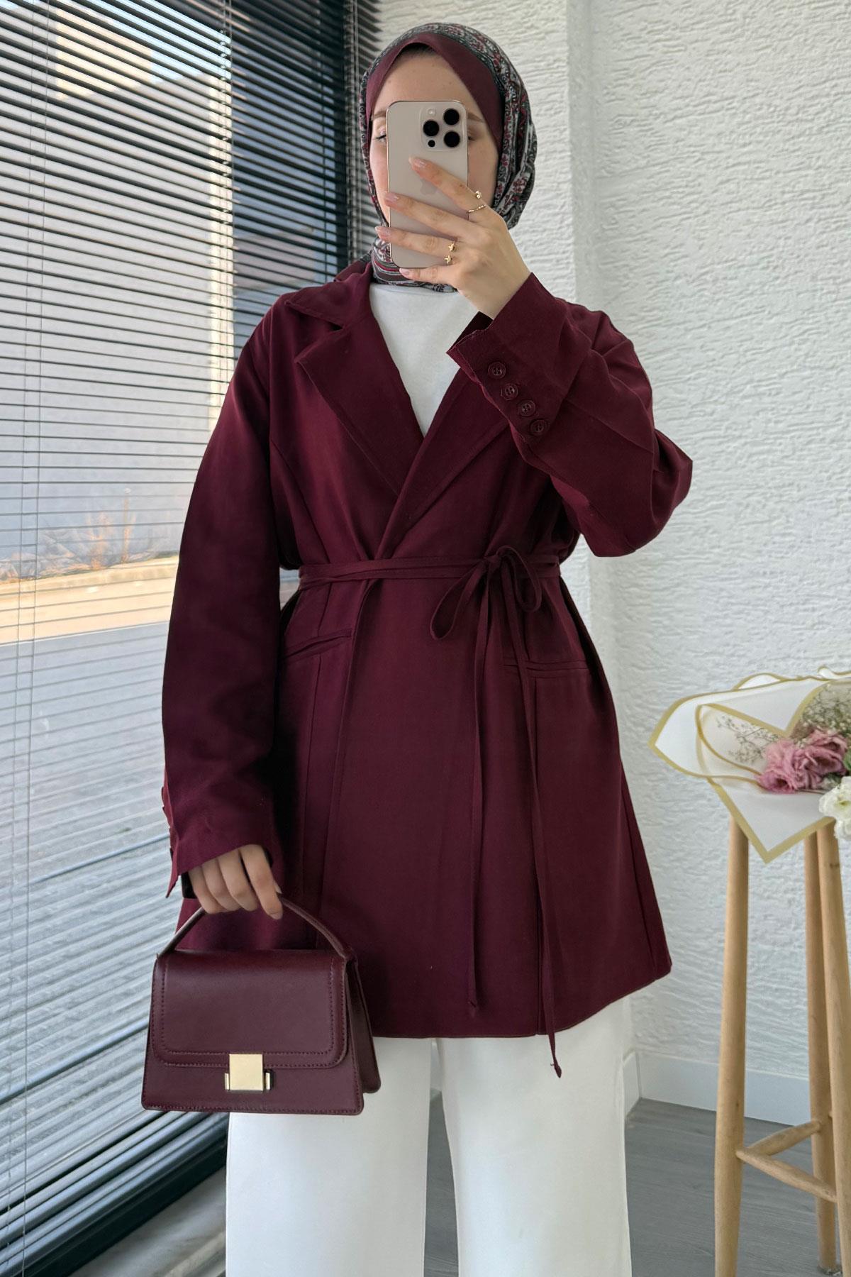 Belden Bağlamalı Keten Blazer Ceket –Bordo