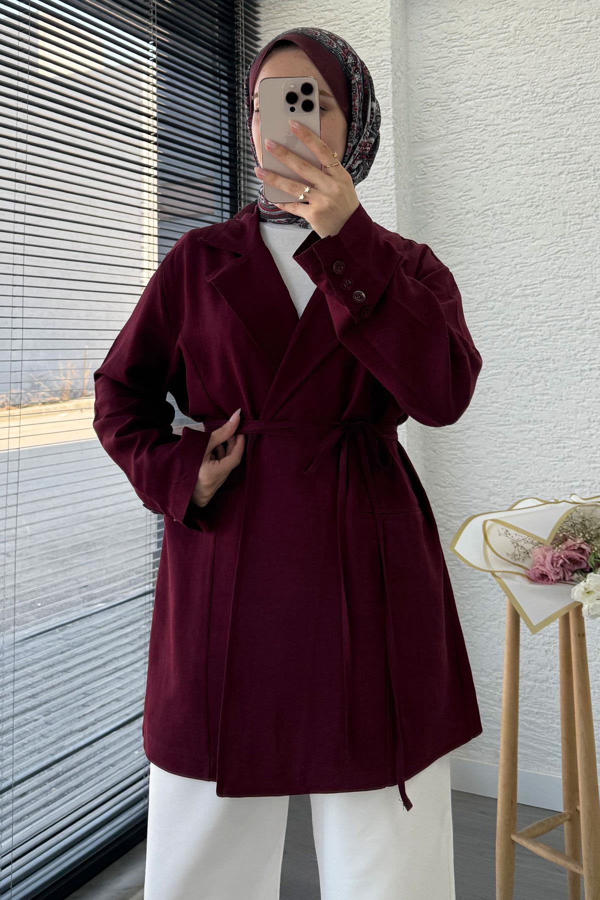 Belden Bağlamalı Keten Blazer Ceket –Bordo