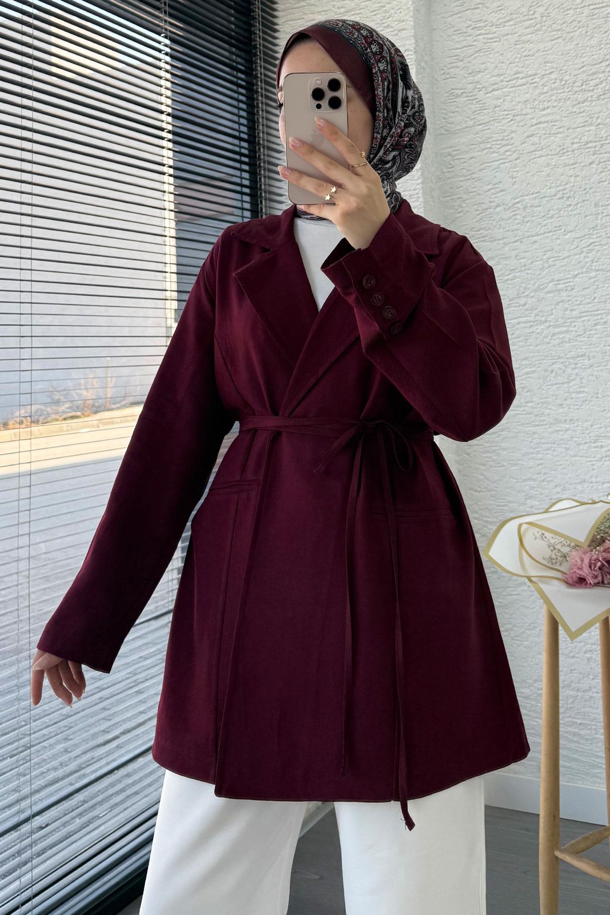Belden Bağlamalı Keten Blazer Ceket –Bordo
