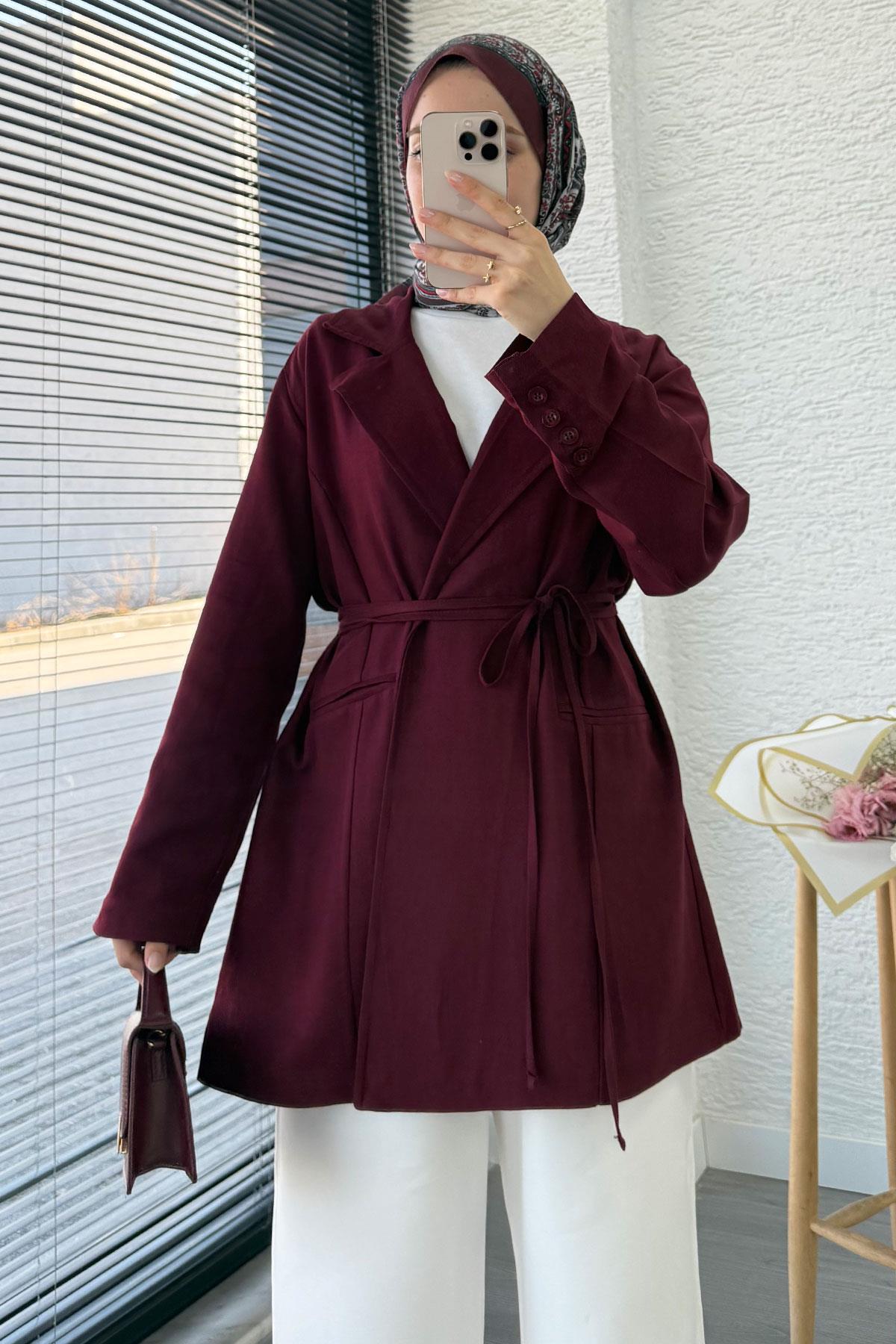 Belden Bağlamalı Keten Blazer Ceket –Bordo