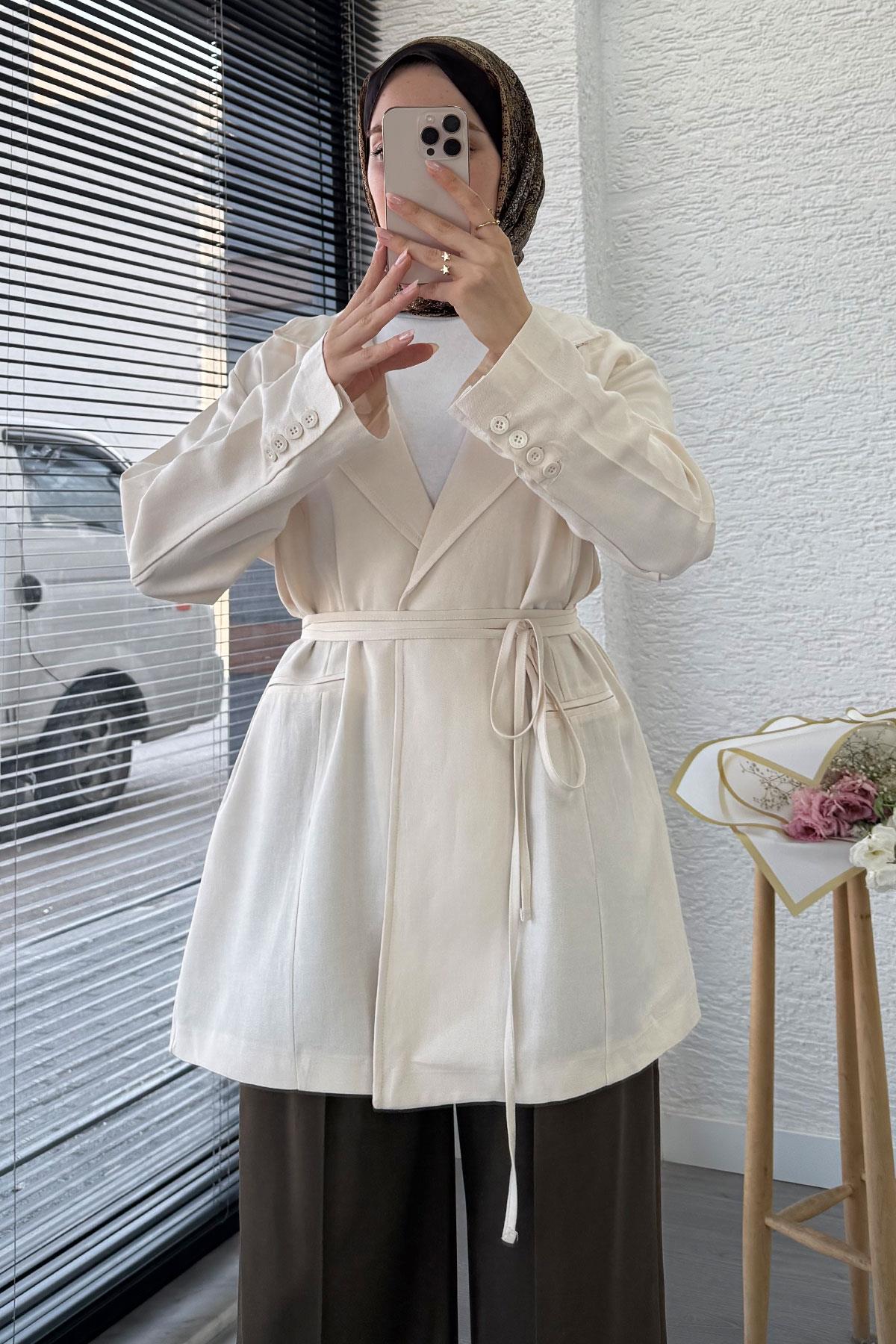 Belden Bağlamalı Keten Blazer Ceket –Ekru