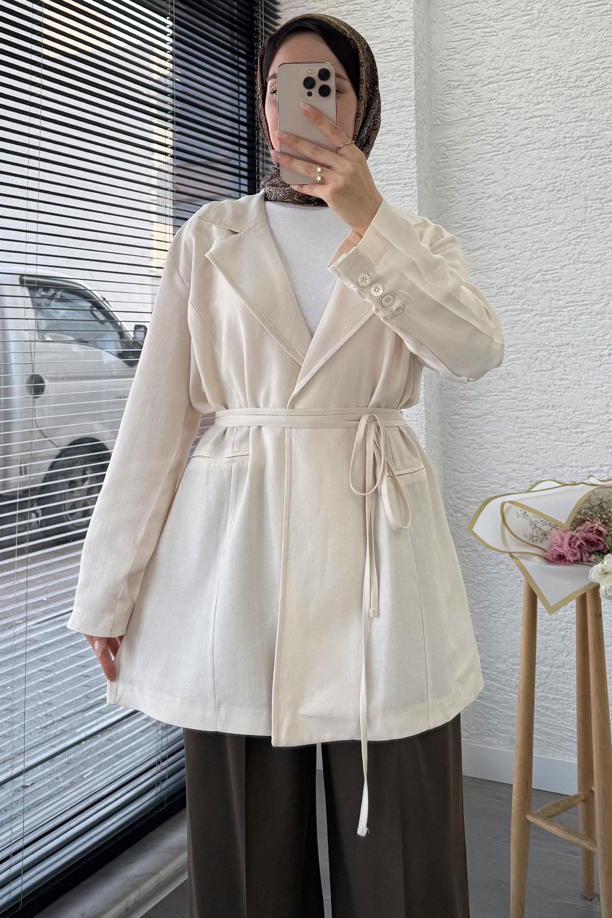 Belden Bağlamalı Keten Blazer Ceket –Ekru