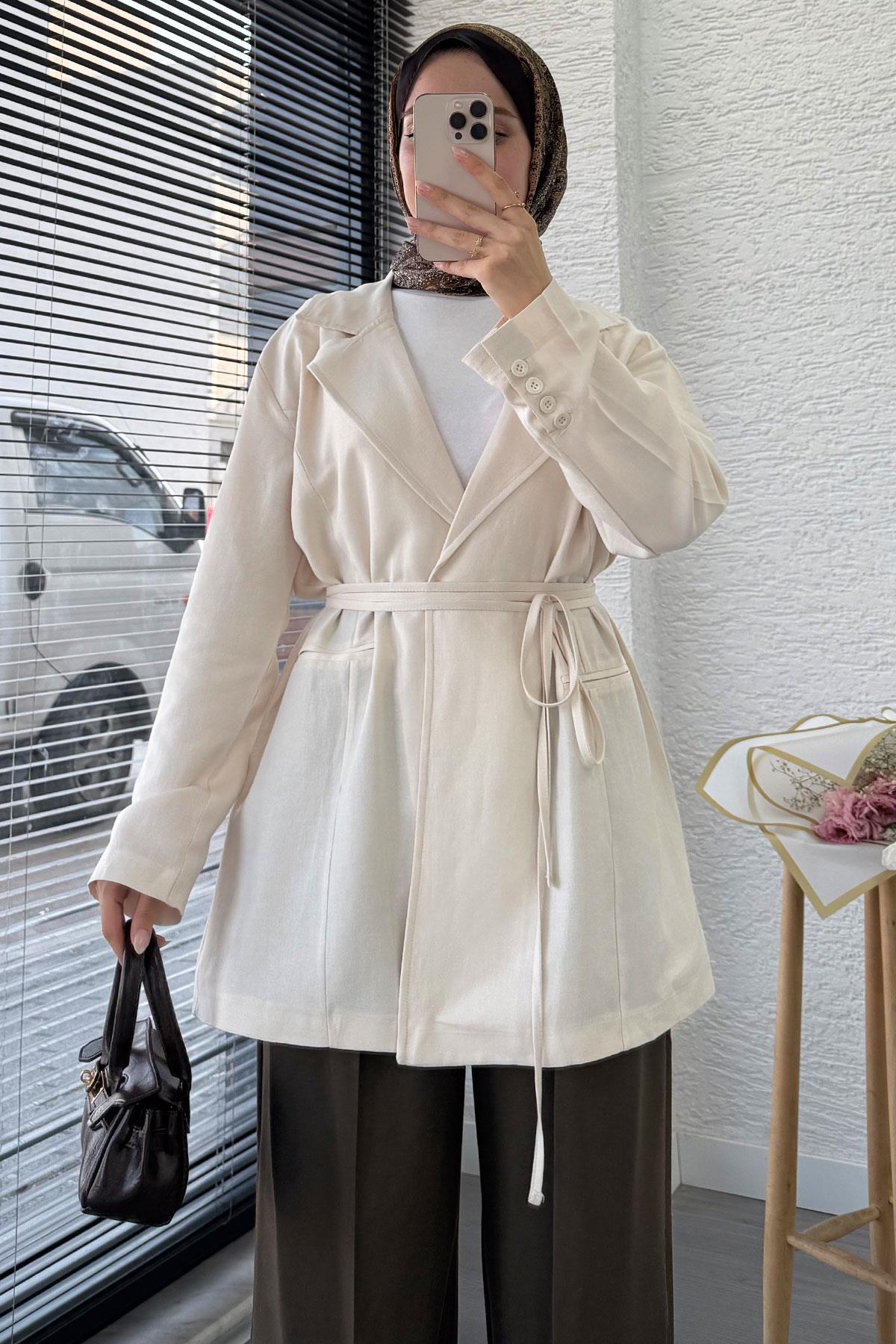 Belden Bağlamalı Keten Blazer Ceket –Ekru