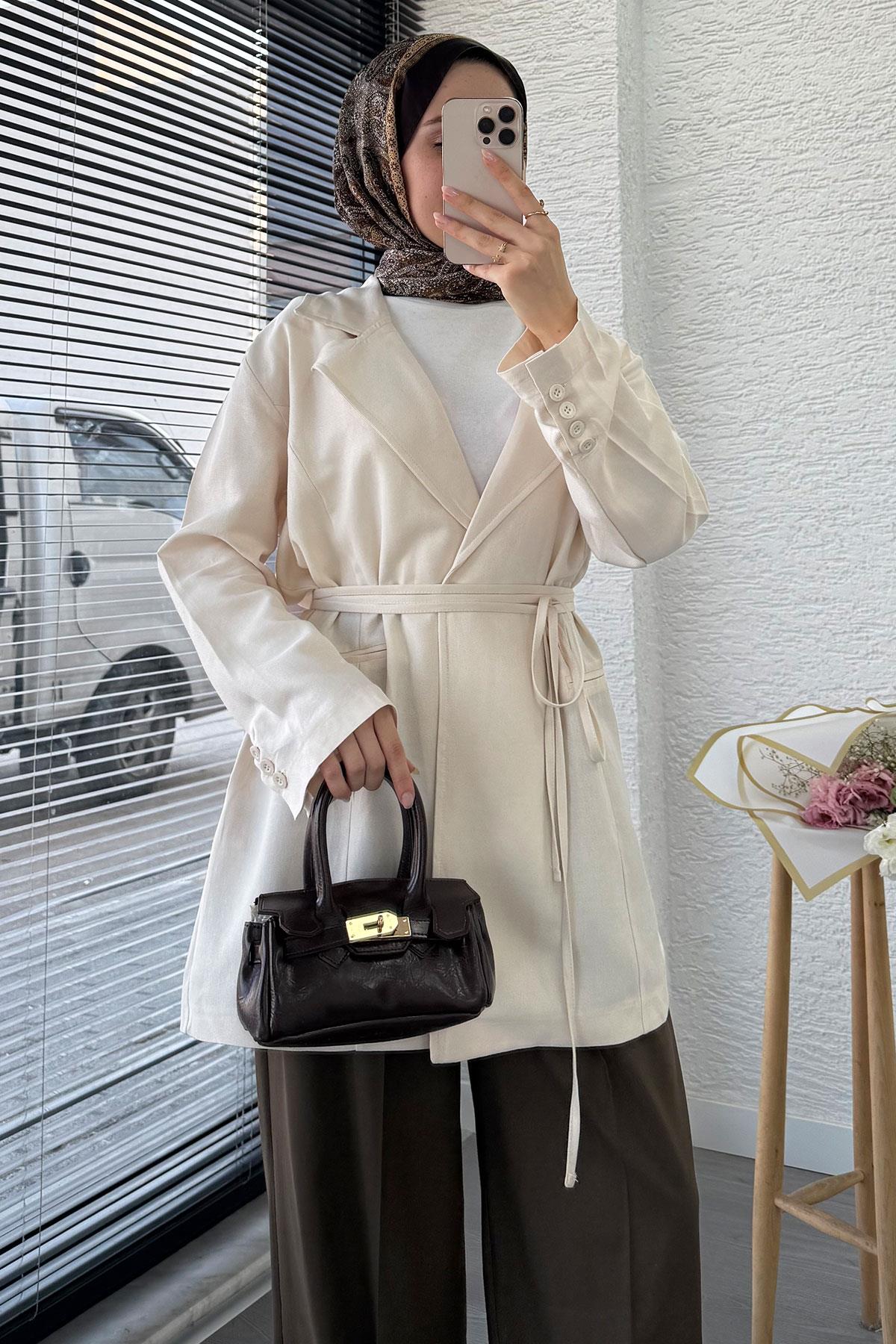 Belden Bağlamalı Keten Blazer Ceket –Ekru