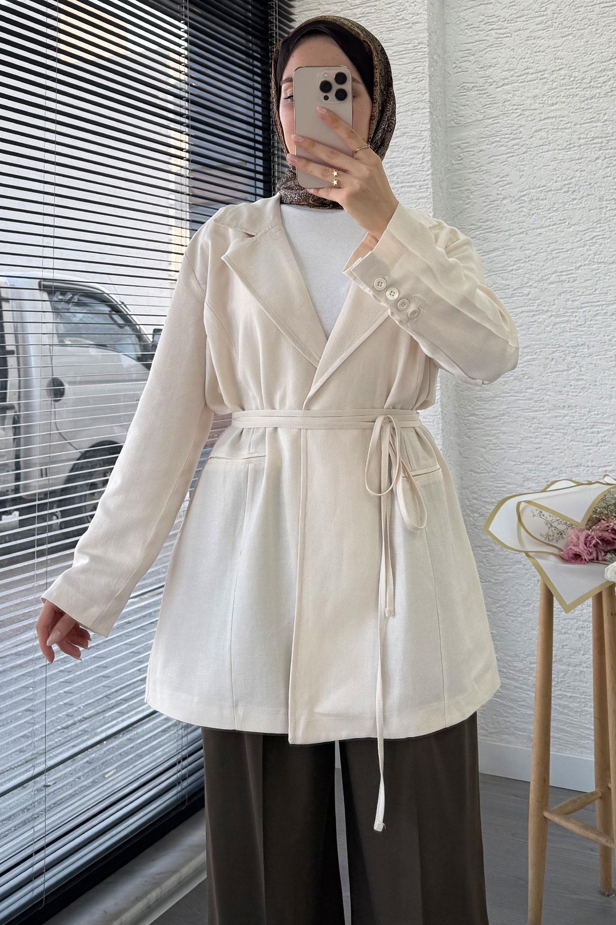 Belden Bağlamalı Keten Blazer Ceket –Ekru