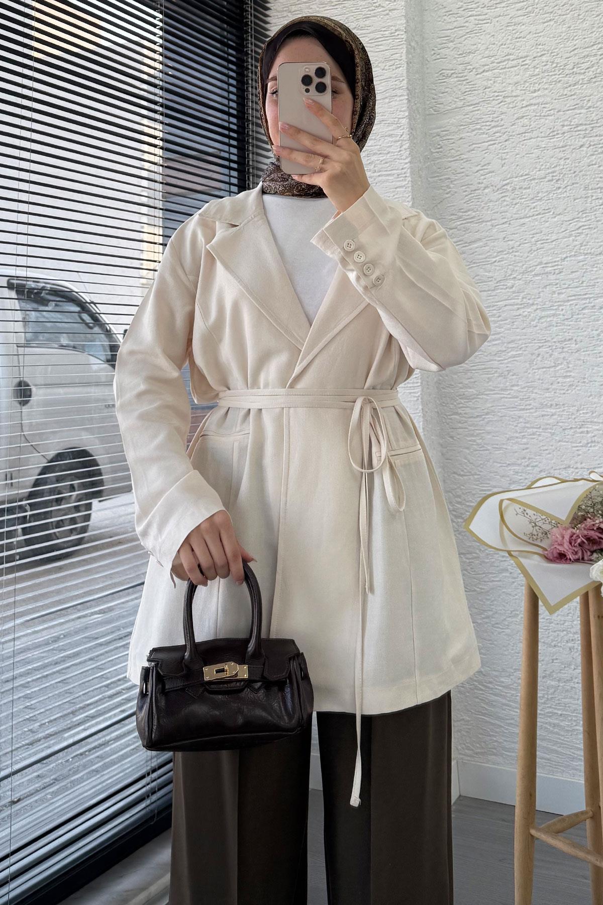Belden Bağlamalı Keten Blazer Ceket –Ekru