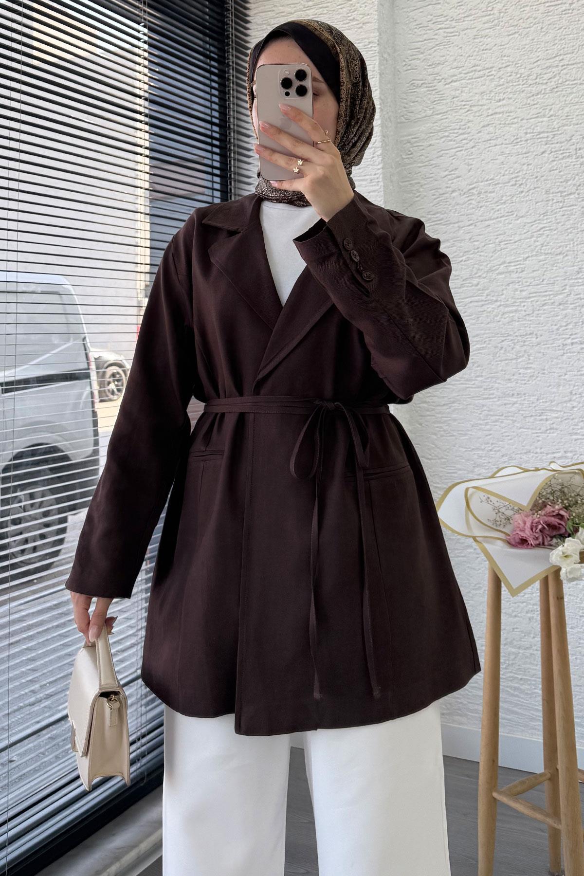 Belden Bağlamalı Keten Blazer Ceket –Kahverengi