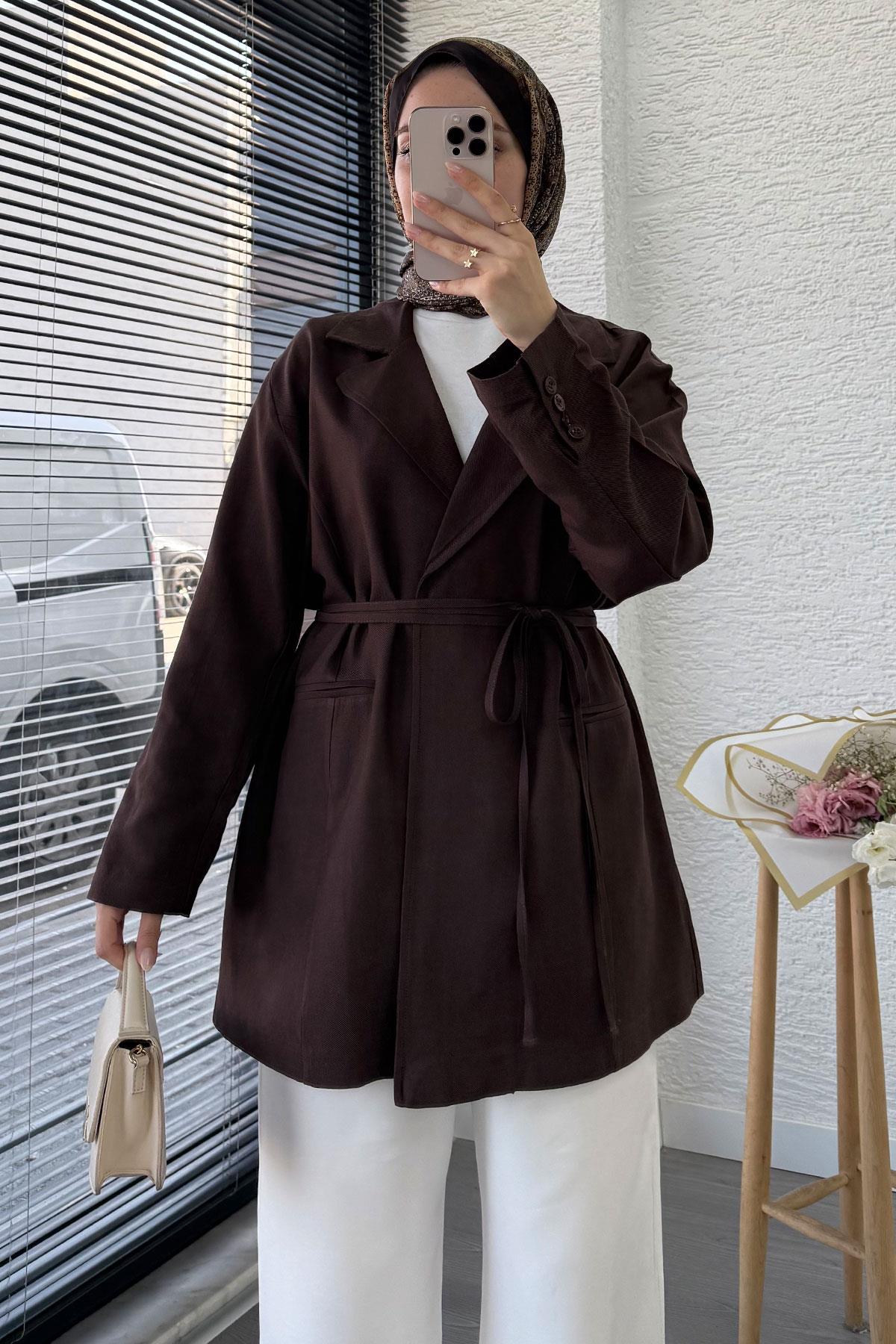 Belden Bağlamalı Keten Blazer Ceket –Kahverengi