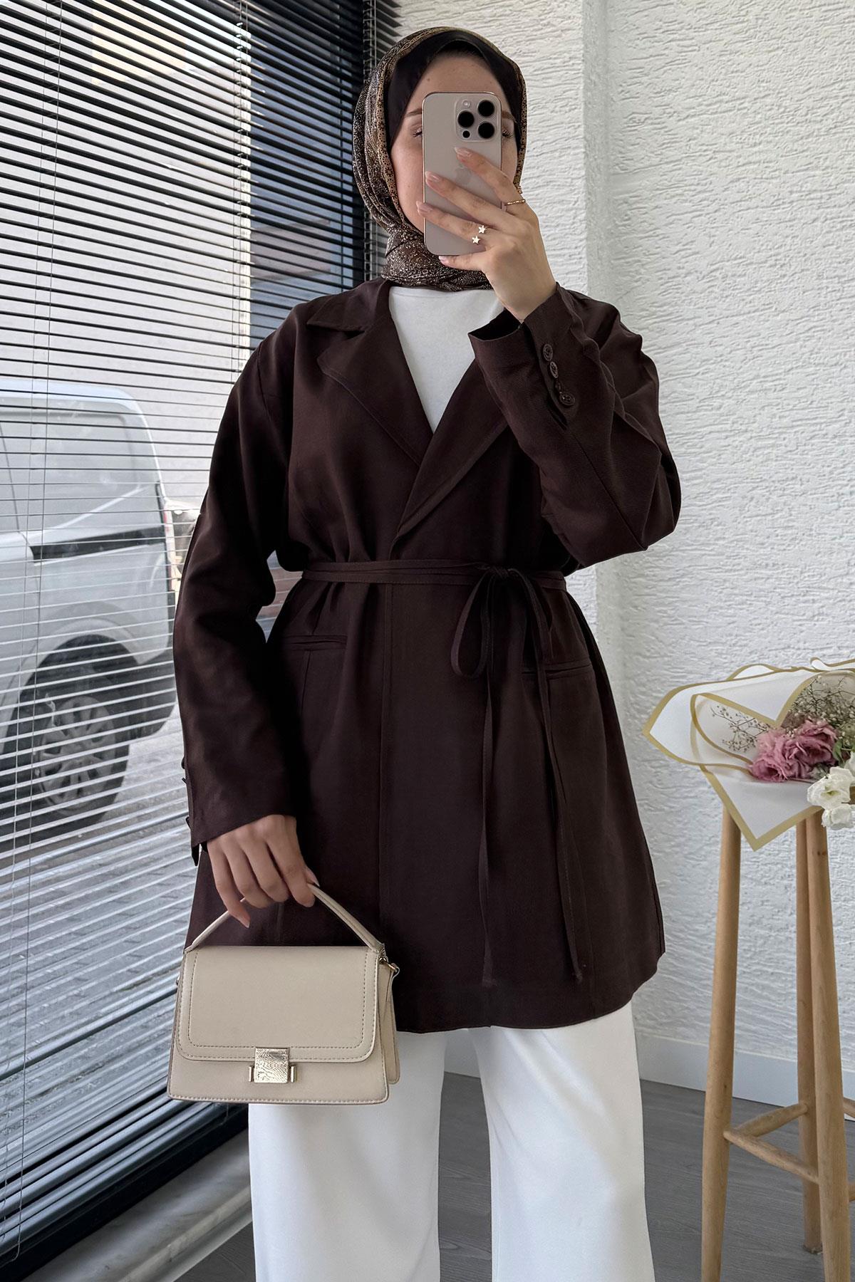 Belden Bağlamalı Keten Blazer Ceket –Kahverengi