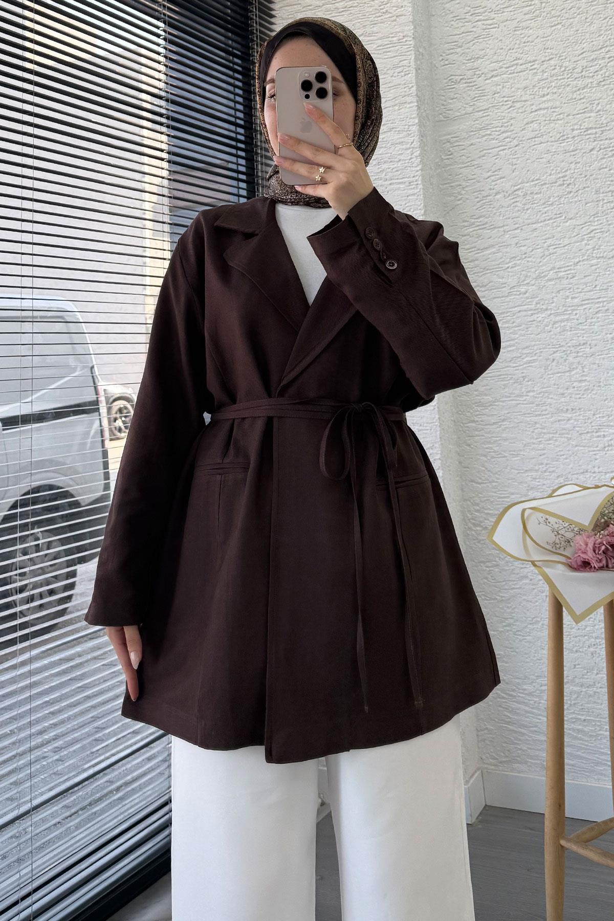 Belden Bağlamalı Keten Blazer Ceket –Kahverengi