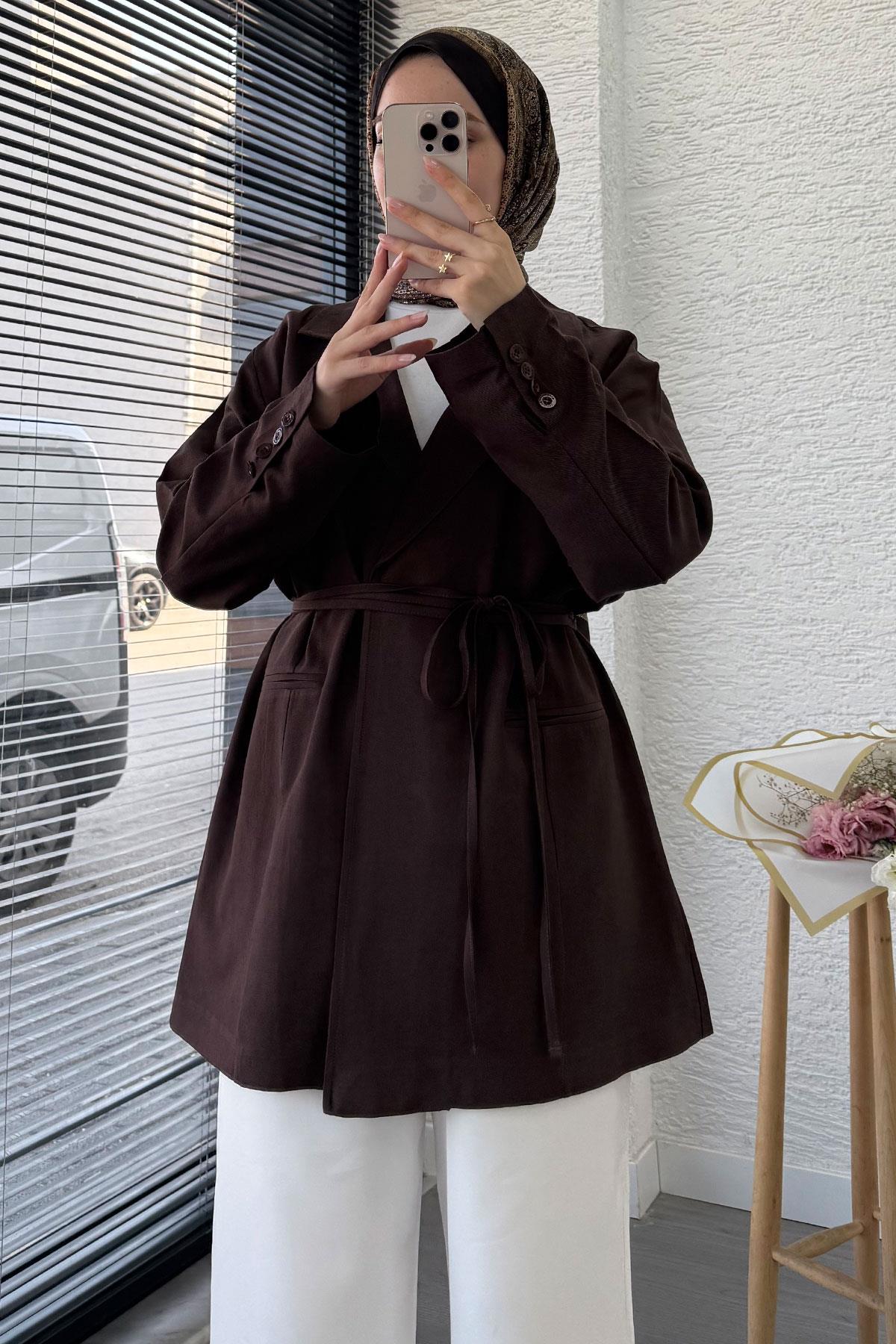 Belden Bağlamalı Keten Blazer Ceket –Kahverengi