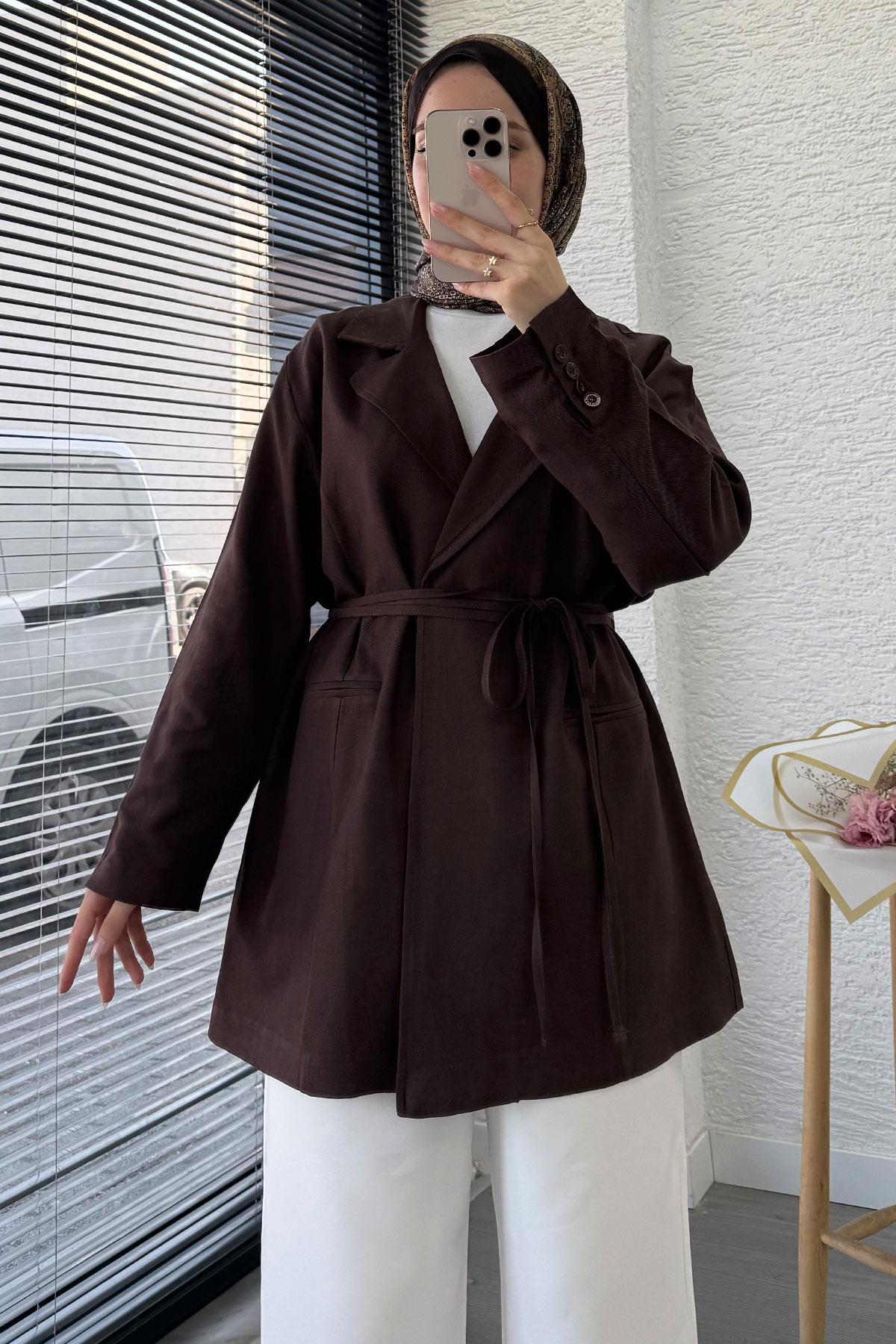 Belden Bağlamalı Keten Blazer Ceket –Kahverengi